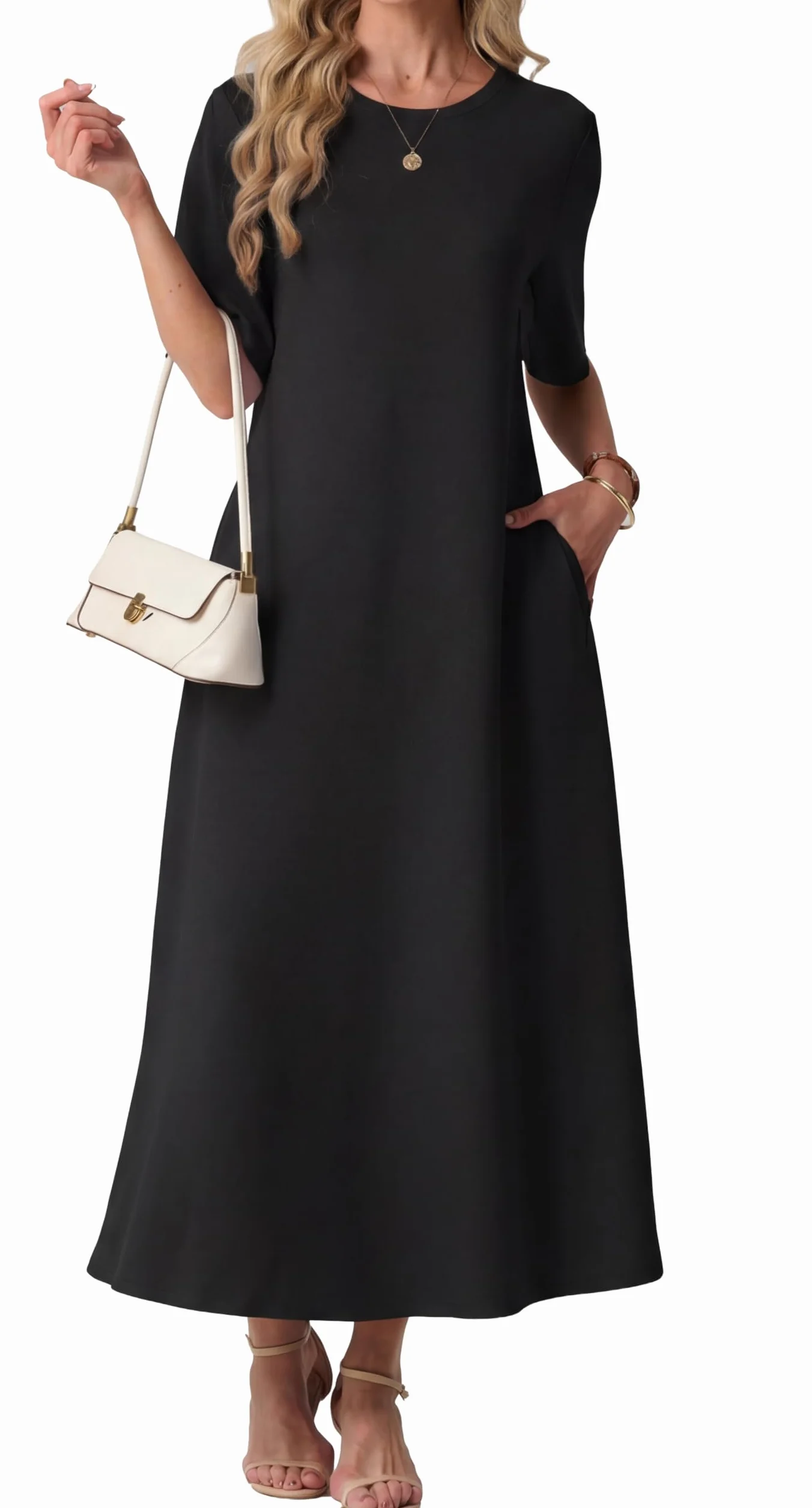 GRECERELLE Damskie letnie sukienki UK sukienka maxi z krótkim rękawem z kieszeniami damskie eleganckie sukienki świąteczne na co dzień dla kobiet oddychająca sukienka przeciwsłoneczna