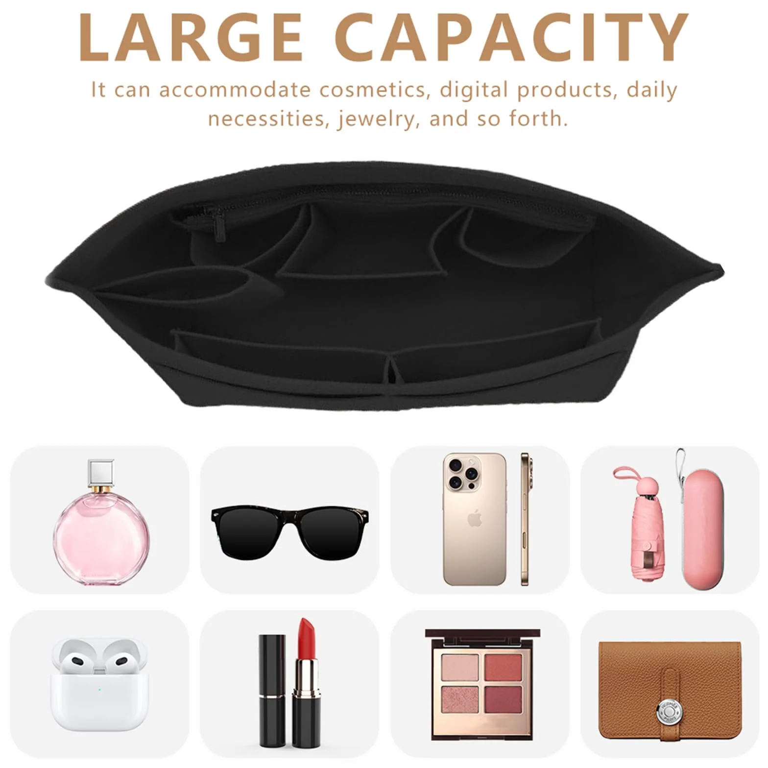 Organizer do torebki, organizer na Longchamp, worek filcowy, worek do przechowywania, 30 x 14,5 x 17 cm, kieszeń wewnętrzna, organizer do torby Longchamp (czarny, L)