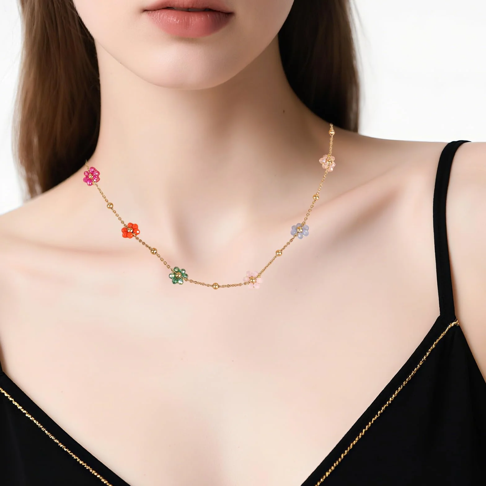 Mikovivi Naszyjnik z Koralików Kwiatowych, 40+5 cm Naszyjnik z Koralików w Kwiaty Stokrotki Modne Regulowane Naszyjniki Słodka Kolorowa Biżuteria Choker dla Kobiet