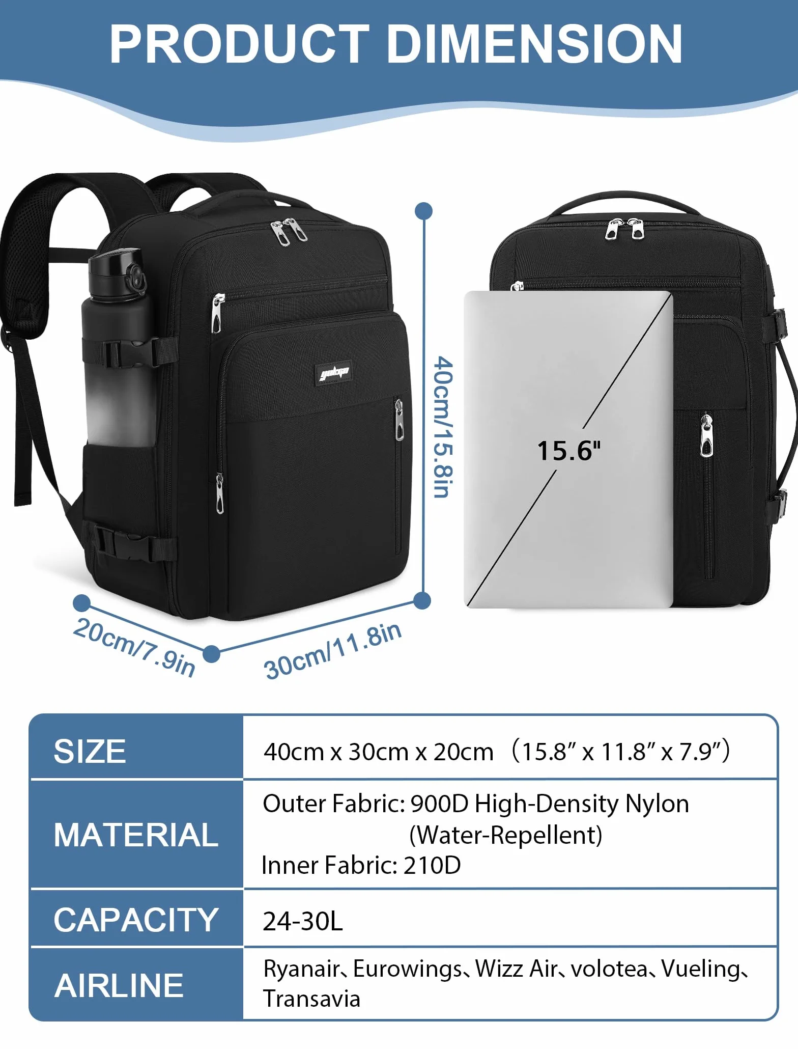 Bagaż Podręczny 40x30x20 Plecak, 24-30L Rozkładany 40x30x25 Plecak Podróżny Męski i Damski do Ryanair, Eurowings, Wizzair, Vueling,Cabin Bag Travel Backpack do Pracy, Biznesu i Podróży, Czarny