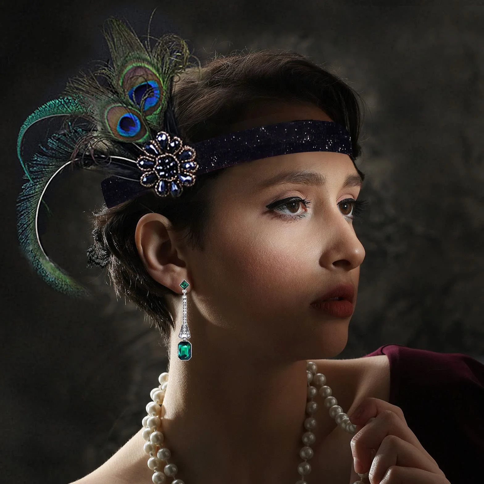 PLULON 7 sztuk 1920 Flapper Great Gatsby Akcesoria Zestaw Moda Roaring 20's Zestaw tematyczny z opaską na głowę Długie Czarne Rękawiczki Naszyjnik Kolczyki dla kobiet (Styl 5)