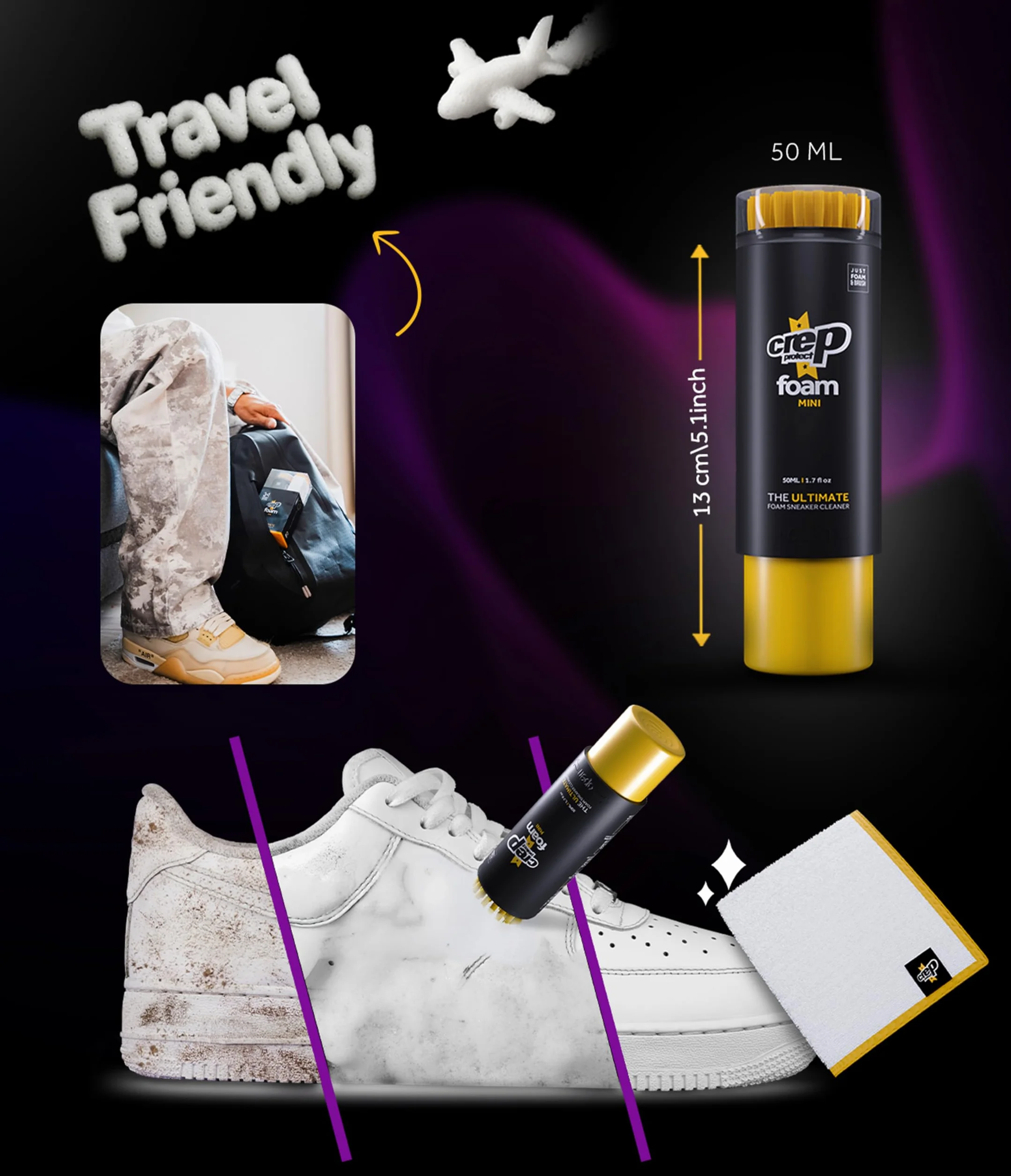 Crep Protect Piankowy zestaw do czyszczenia butów, pianka do czyszczenia trampek, z wbudowaną szczotką i ściereczką z mikrofibry, do skóry, zamszu, nubuku, płótna i białych butów, rozmiar podróżny