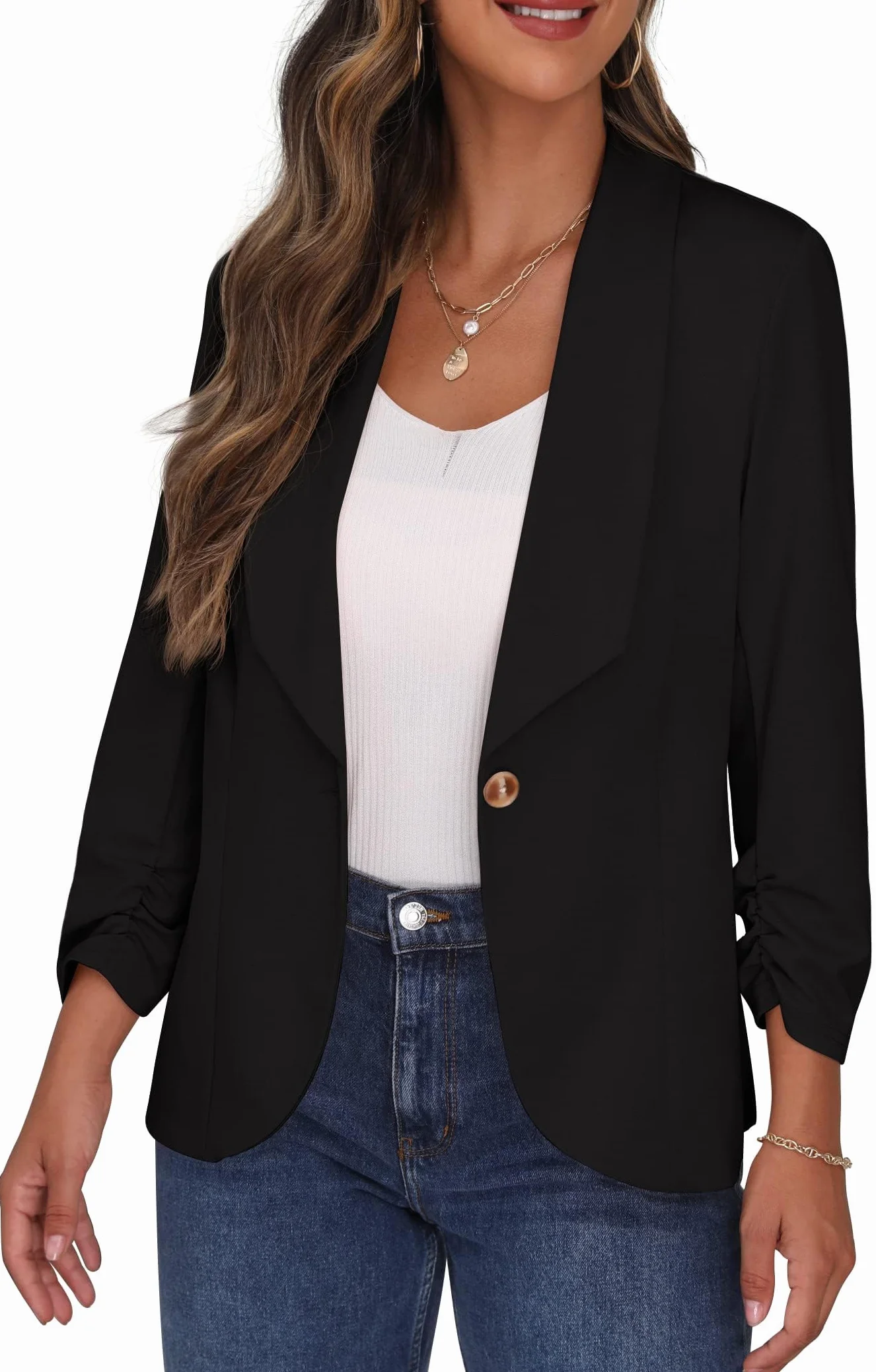 PrinStory Blazer damski 3/4, marszczone rękawy, marynarka biznesowa, do biura, marynarka sportowa, trencz