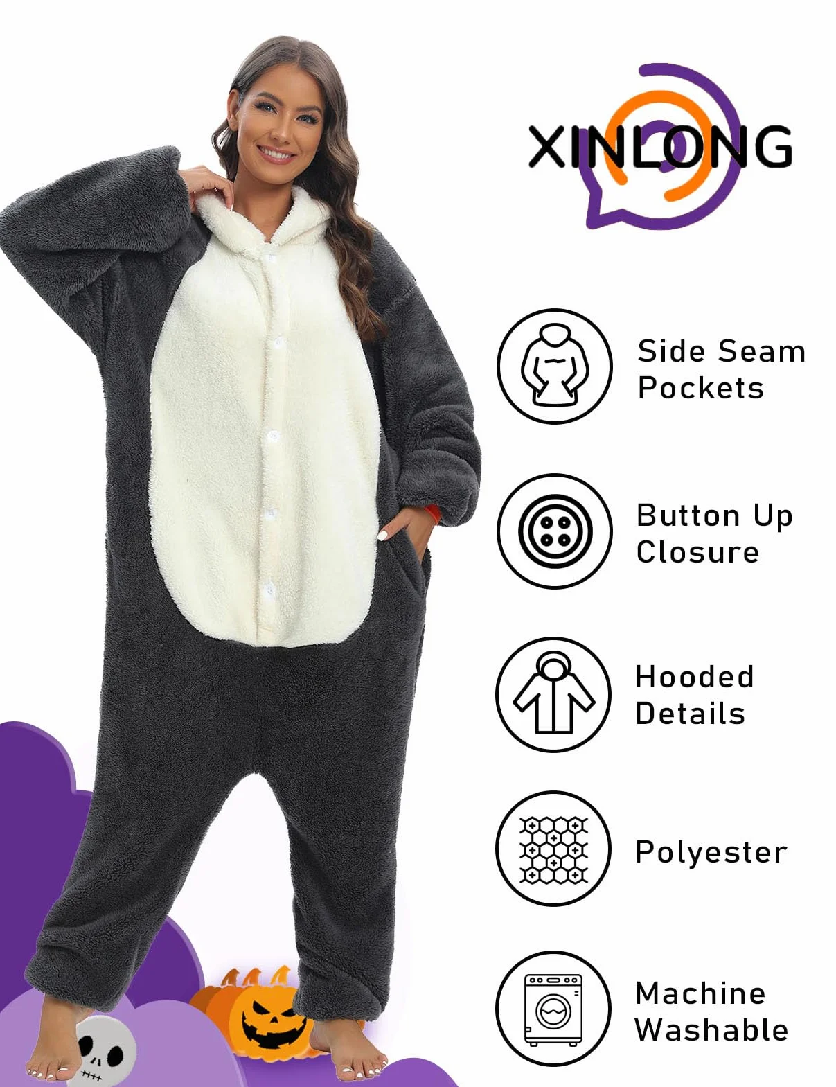 Xinlong Panda kombinezon damski, zwierzęcy, oversize, przytulny, męski, długi z kapturem, unisex, zwierzęce, bielizna nocna, zimowa, pluszowy kombinezon, styl 4, XXL