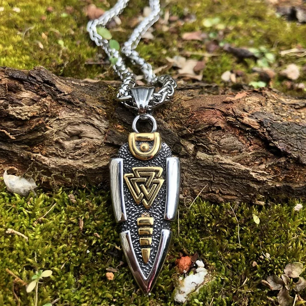 Mitologia nordycka Odyna włócznia naszyjnik - męski wisiorek grot strzały ze stali nierdzewnej - vintage średniowieczny symbol Valknut amulet islandzka biżuteria