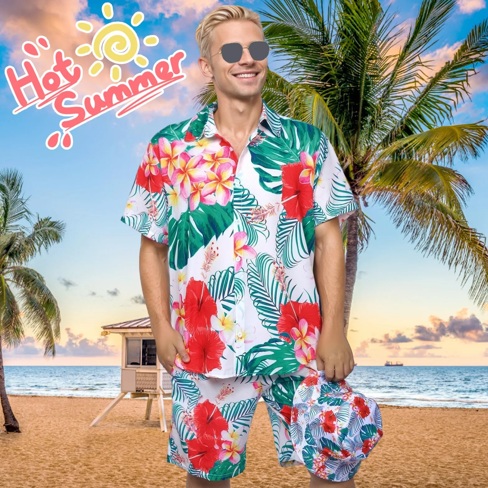 Hawajska koszula męska, kostium hawajski, na lato, koszula hawajska, z krótkim rękawem, na plażę, urlop, imprezę, festiwal