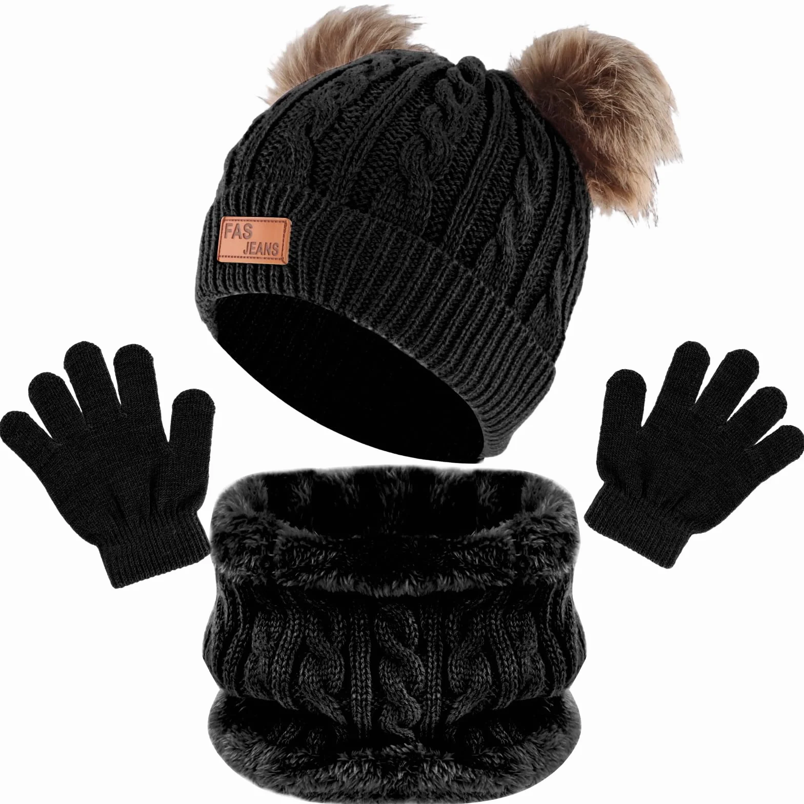 volumoon Zestaw 3 czapek, szalików, rękawiczek dla dzieci, czapka beanie, okrągły szal z polarową podszewką, zestaw ciepły, zimowy zestaw dzianin, czapka szalik i rękawiczki dla chłopców, dziewcząt w