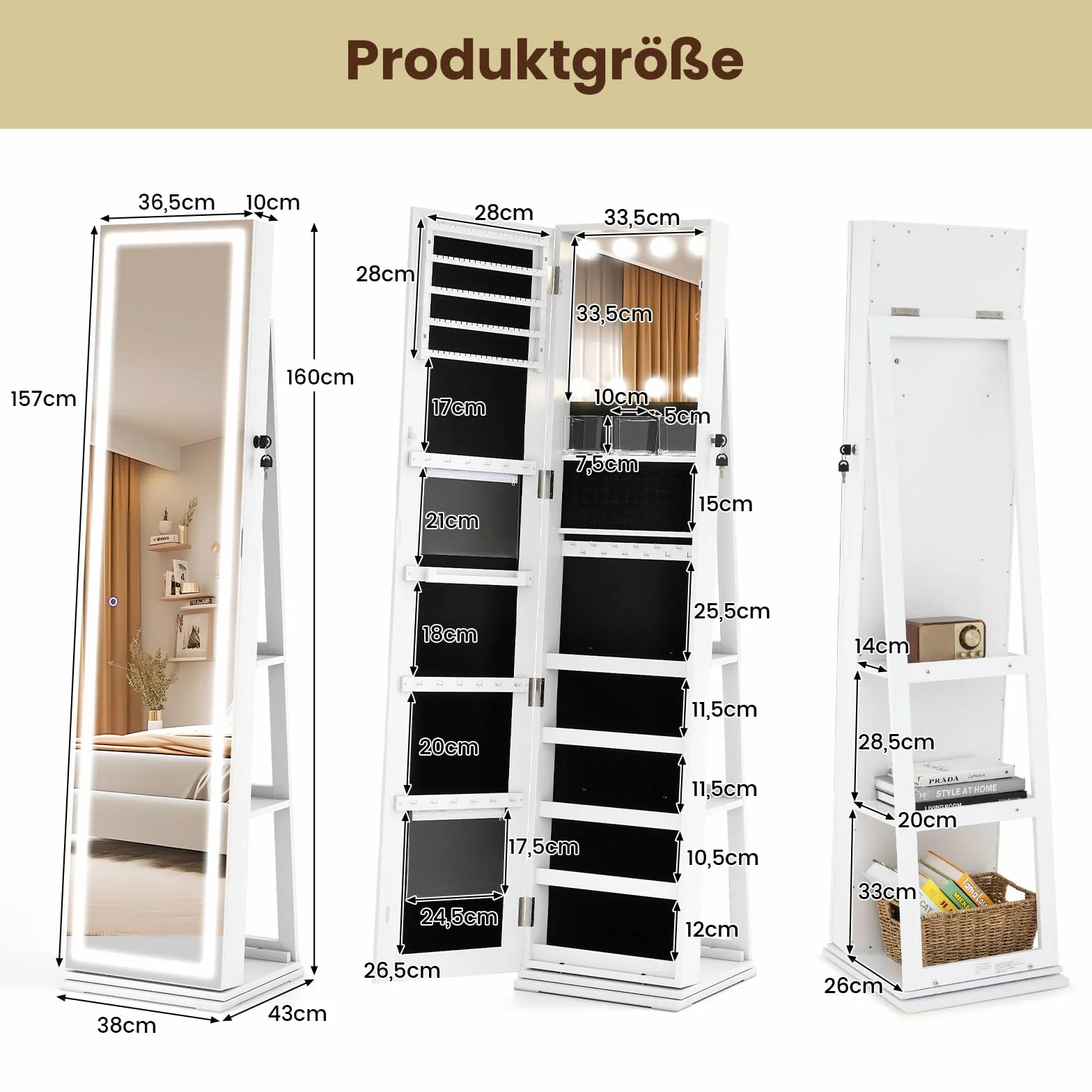 COSTWAY szafka na biżuterię obrotowa o 360° z pełnym lustrem LED, szafka z lustrem zamykana z lustrem do makijażu, stojąca organizerka na biżuterię do łańcuchów, kolczyków, kosmetyków (Biały)