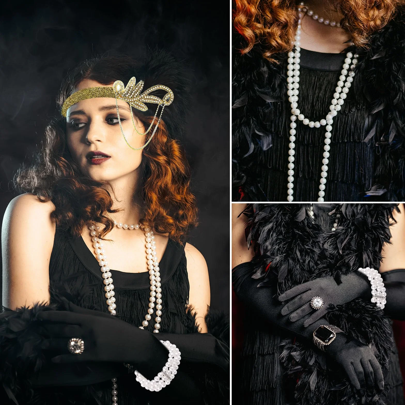 PLULON Zestaw akcesoriów Flapper Great Gatsby z lat 20. XX wieku, modny zestaw tematyczny z opaską na głowę, długie czarne rękawiczki, naszyjnik, kolczyki dla kobiet