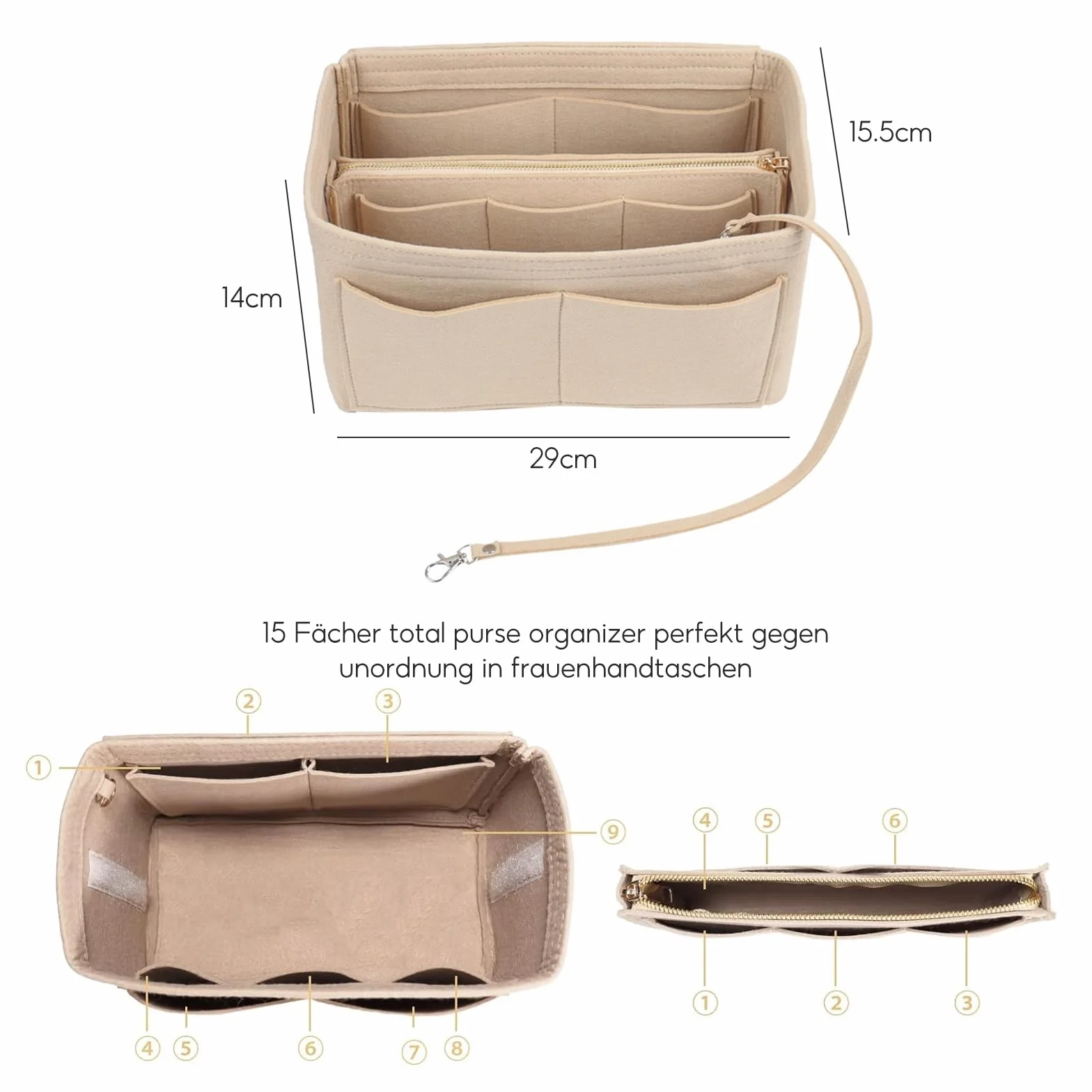 Beżowy filcowy organizer do torebki, wielofunkcyjna kosmetyczka, organizer do torebki, 2 w 1 wkład z oddzielnymi kieszonkami do torebek dla kobiet, średni (27 * 16 * 16 cm)