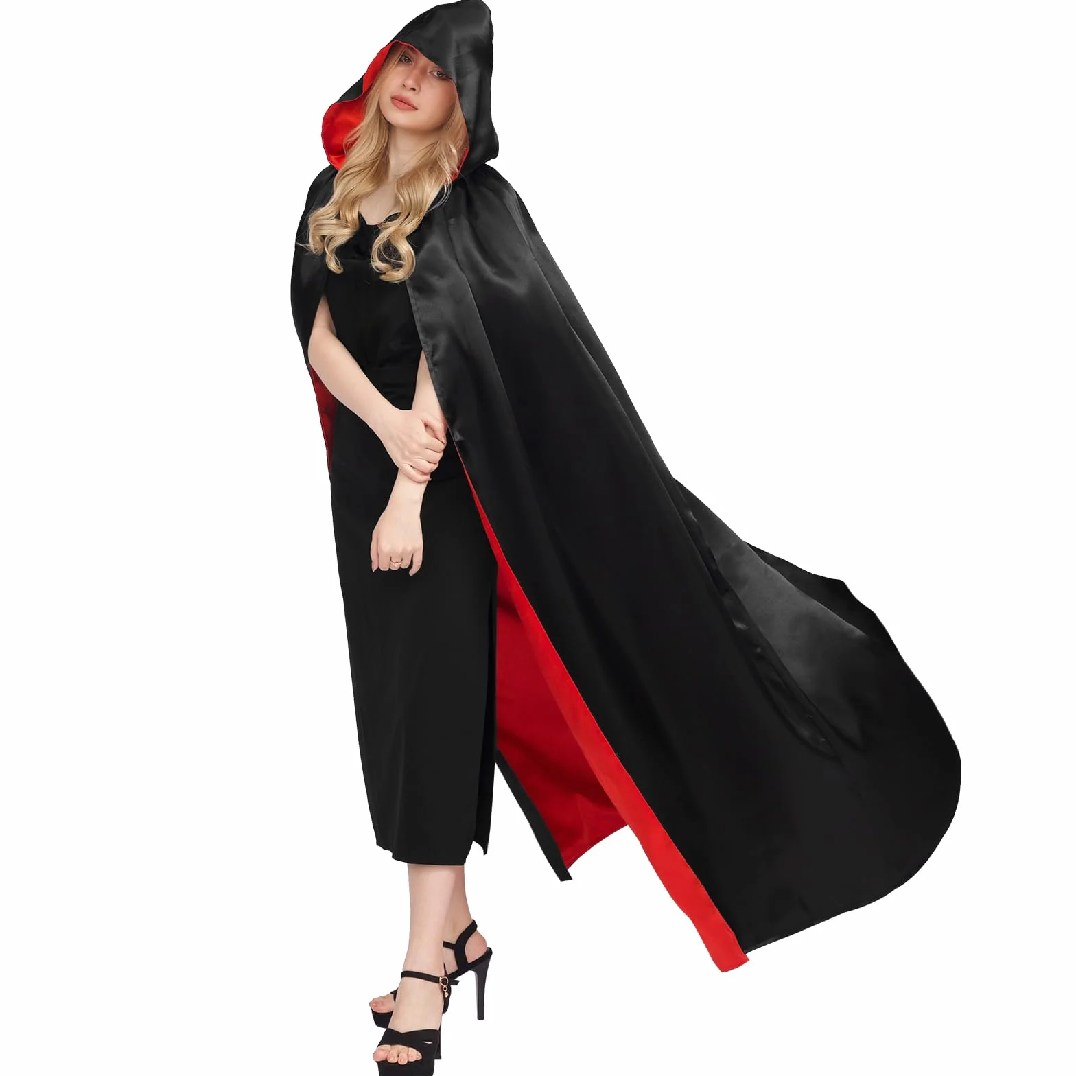Myir JUN Czarno-czerwona peleryna dla dorosłych dzieci, uniseks, płaszcz z kapturem, kostium na Halloween, satyna, czarownice, wampiry, płaszcz, fantazyjne przebranie dla dzieci (L)