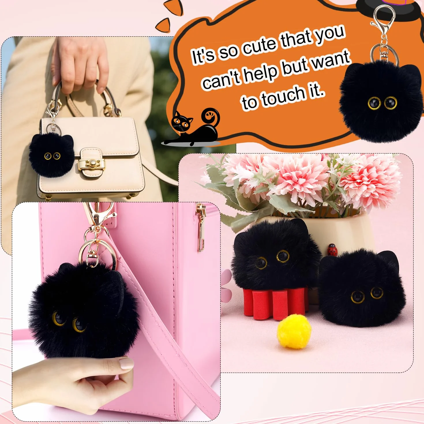 2szt Czarny Kot Miękki Brelok, Słodki Kot Pompon Brelok Miękki Kawaii Zawieszki Plecaka dla Kobiet Dziewczyn Kluczyki do Samochodu Portfele Akcesoria do Torby