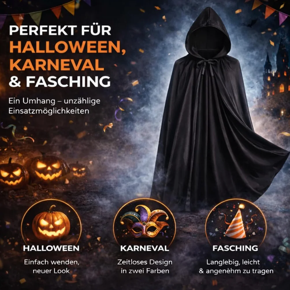 peleryna wampira z kapturem, przebranie Halloween dla dzieci i dorosłych, dwustronna
