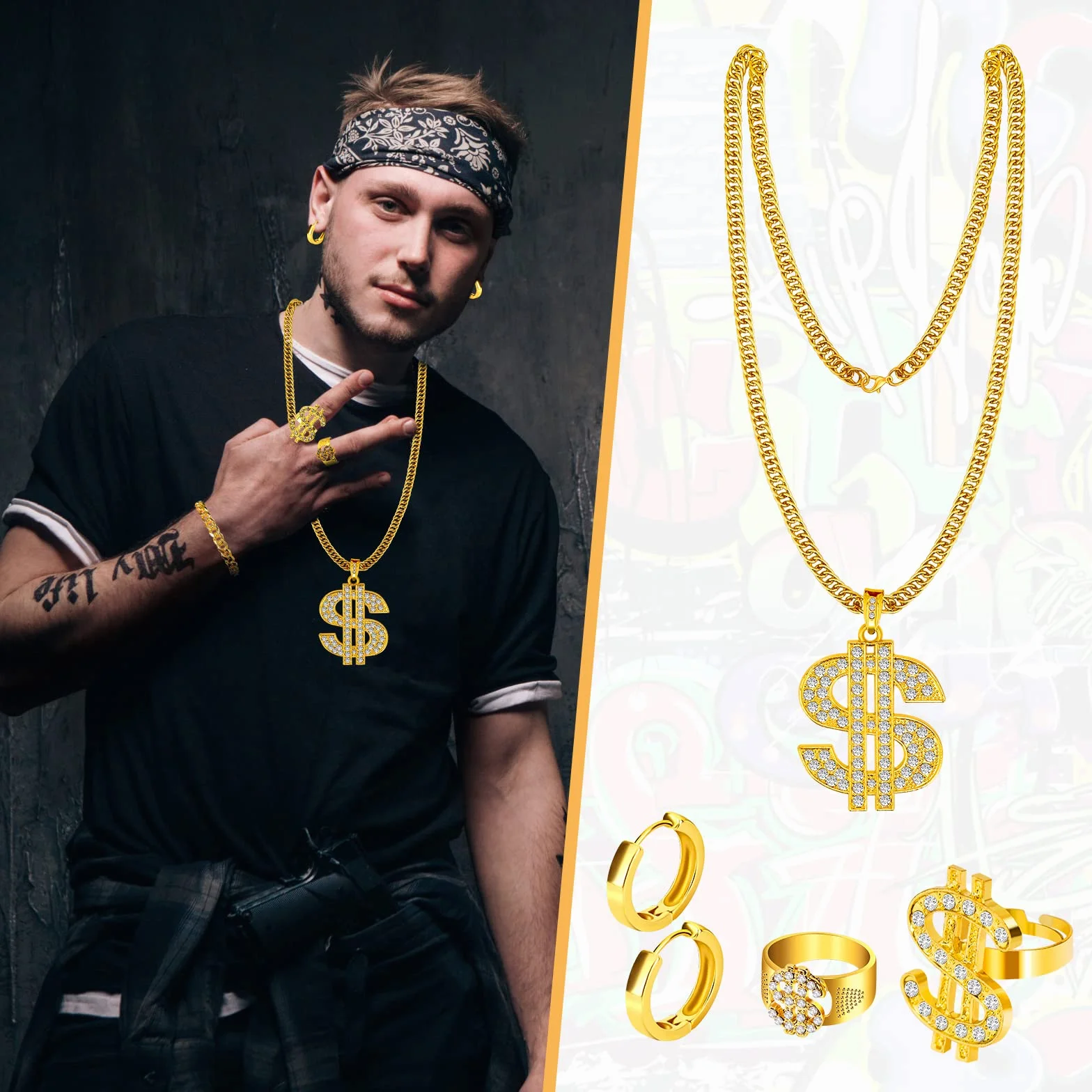 Dreamtop Dollar zestaw łańcuszków hiphopowych kostium złoty dolar wisiorek złoty łańcuszek, pierścionek, okulary przeciwsłoneczne, kapelusz rybaka w stylu lat 80-tych 90., kostium a, złoty