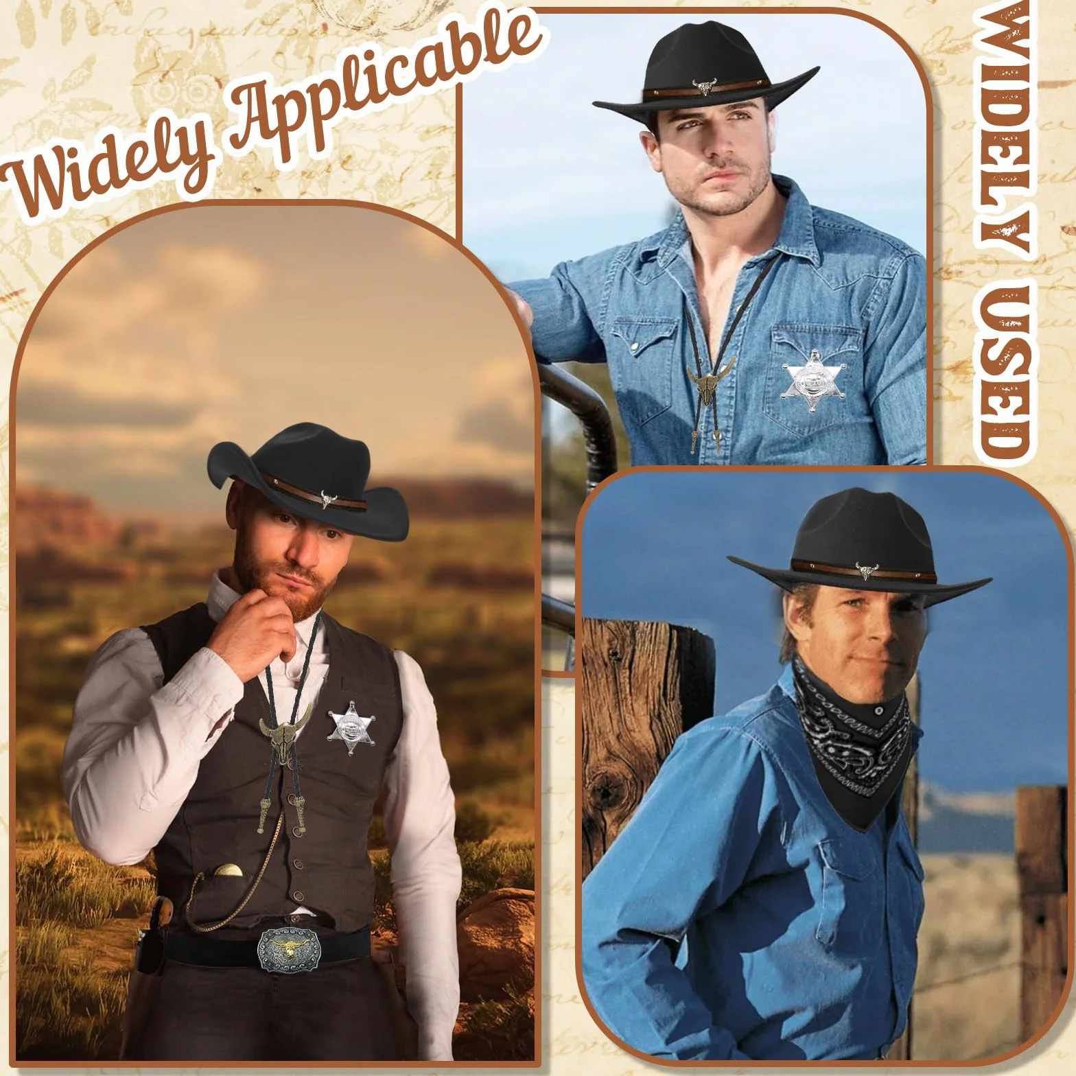 Zestaw 8 akcesoriów do kostiumu kowbojskiego, Deluxe Western Cowboj, strój z brązowym kapeluszem, paisley, kabura, pasek, bolo, klamra, krawat, naszyjnik, odznaka szeryfa, dla mężczyzn, hipisowska