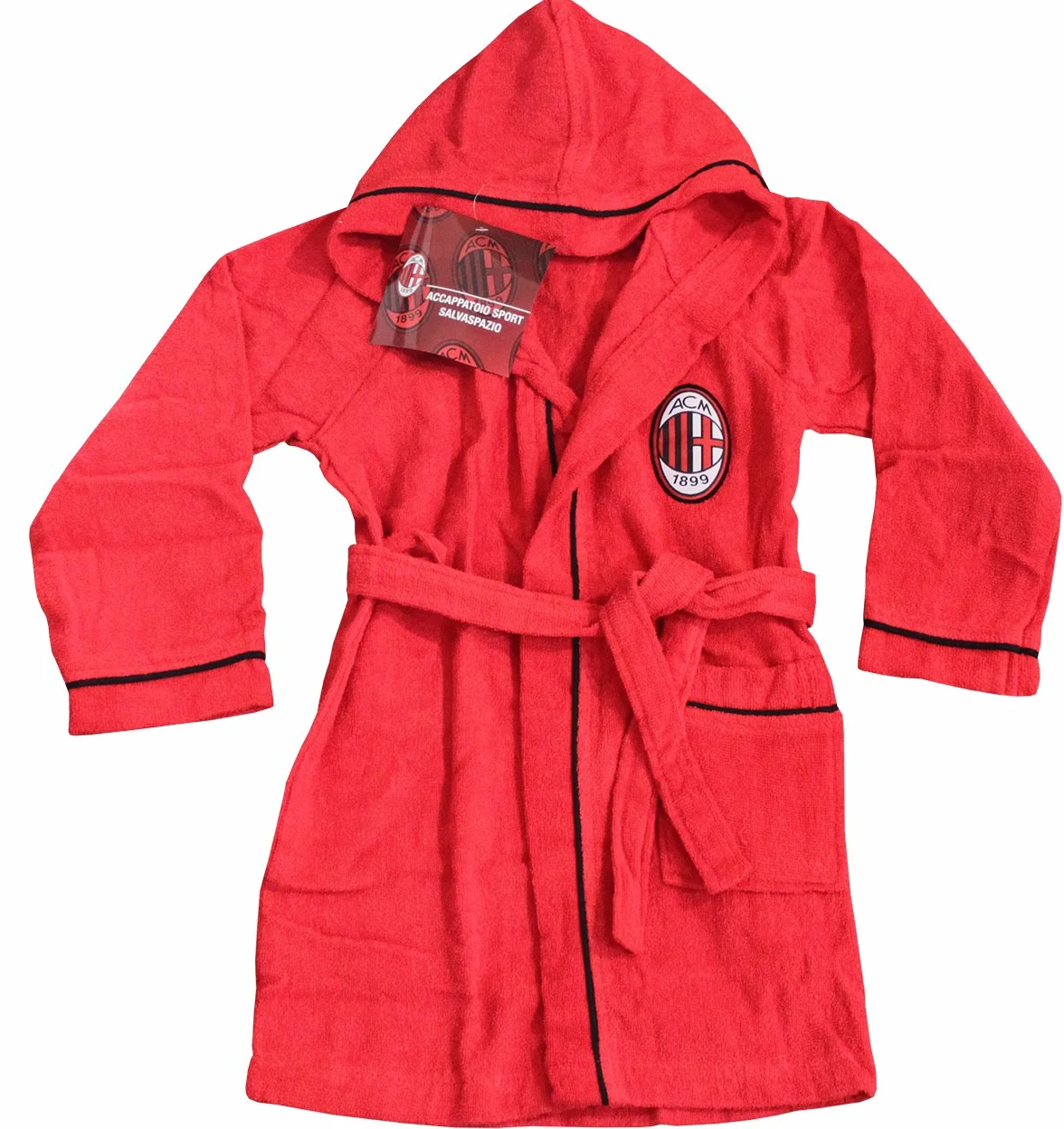 Oficjalny szlafrok męski AC Milan z kapturem, czerwony, czarny, 100% mikro-frotte, czysta bawełna
