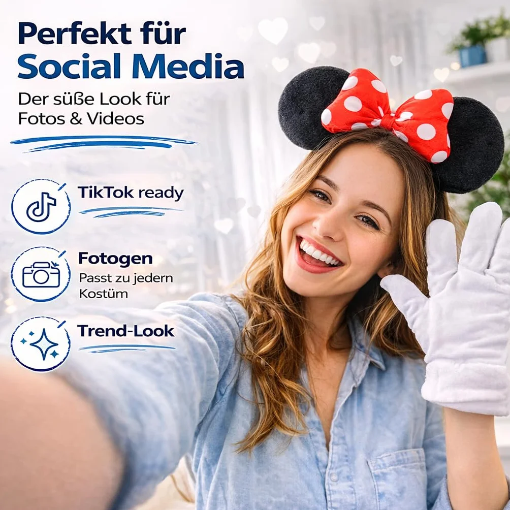 Costumed 2-częściowy zestaw z uszami myszki Minnie – kostium z rękawiczkami i uszami myszy dla kobiet na karnawał