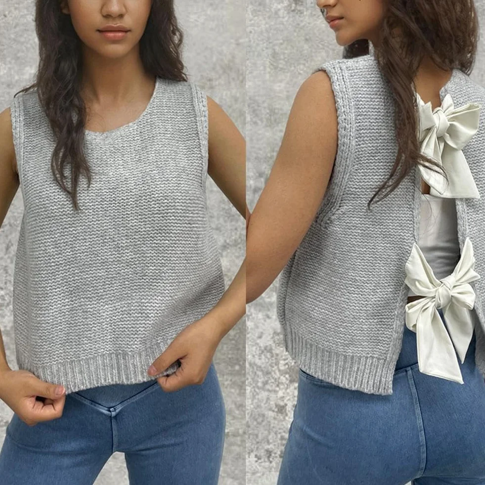 Sweter kamizelka top dla kobiet na co dzień krótki dzianinowy kardigan kamizelka muszka tył sweter tank topy bez rękawów moda dzianina
