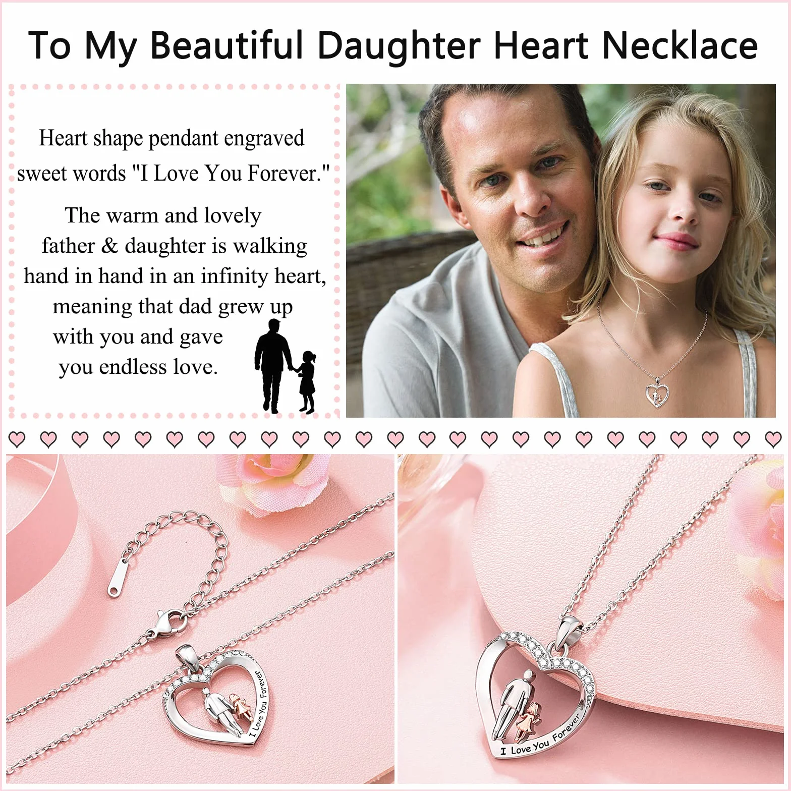 UNGENT THEM Daughter Love You Forever Naszyjnik z wisiorkiem w kształcie serca od taty, urodziny, Boże Narodzenie, walentynki, prezenty dla nastolatek, kobiet, Szkło Stal nierdzewna, Cyrkonia