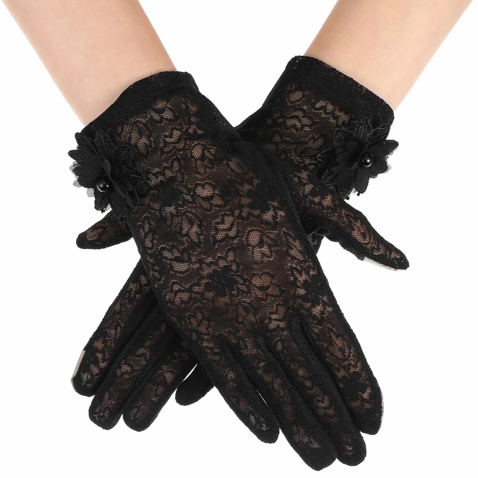 Koronkowe rękawiczki, krótkie kwiatowe rękawiczki na przyjęcie herbaciane dla kobiet, eleganckie akcesoria do sukni ślubnej, do opery, Halloween, kolacji, imprezy (czarne)
