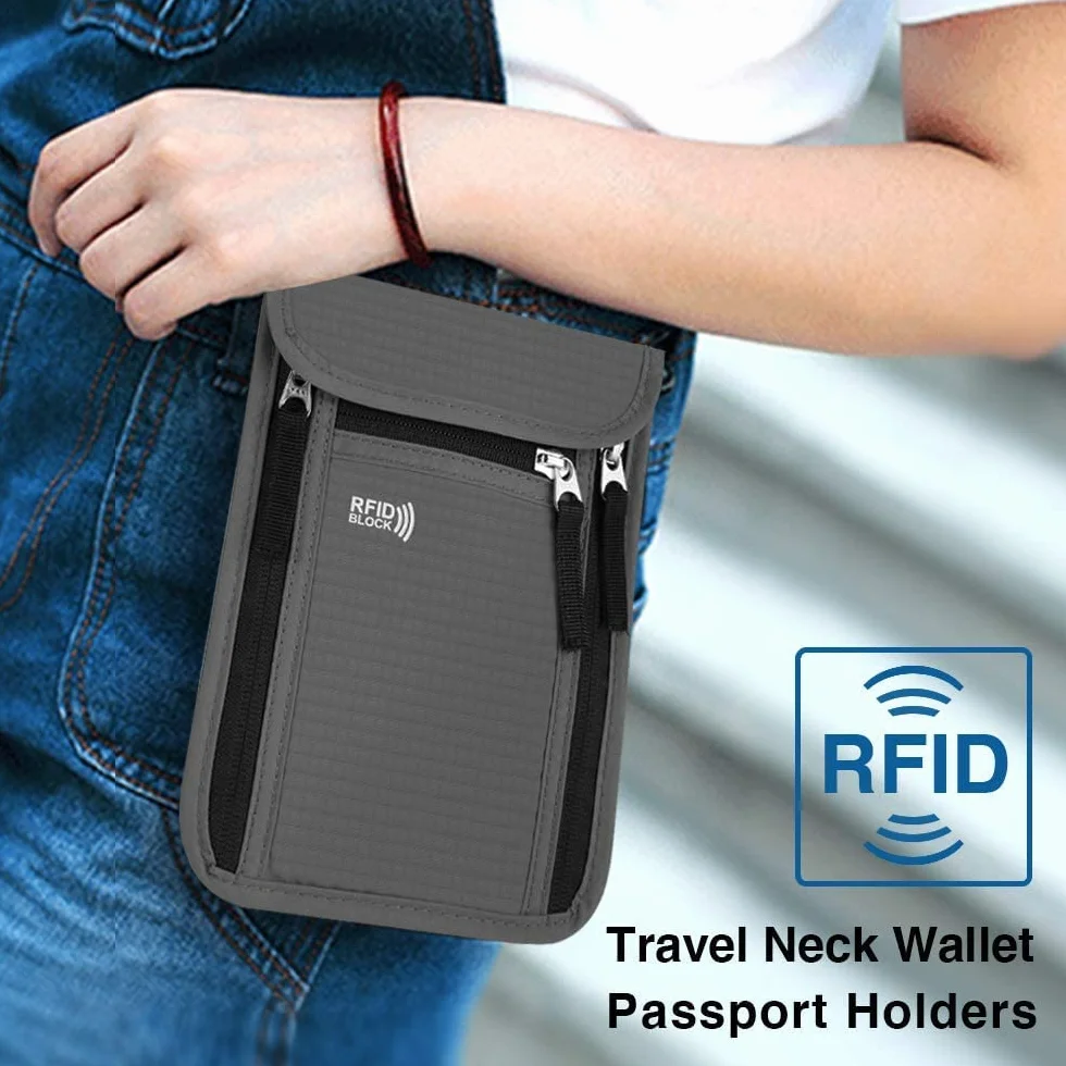 Torba na szyję, blokująca RFID, ochrona przed kradzieżą, wodoodporna torba paszportowa, torba na dokumenty, szary, S, Nowoczesny