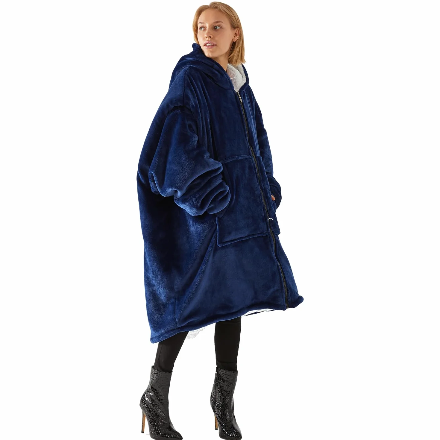 Pahajim Bluza z kapturem, koc z rękawami, przenośny koc z kapturem, oversize, z zamkiem błyskawicznym, ciepły, miękki, flanelowy, dla nastolatków, mężczyzn i kobiet, 90 x 130 cm
