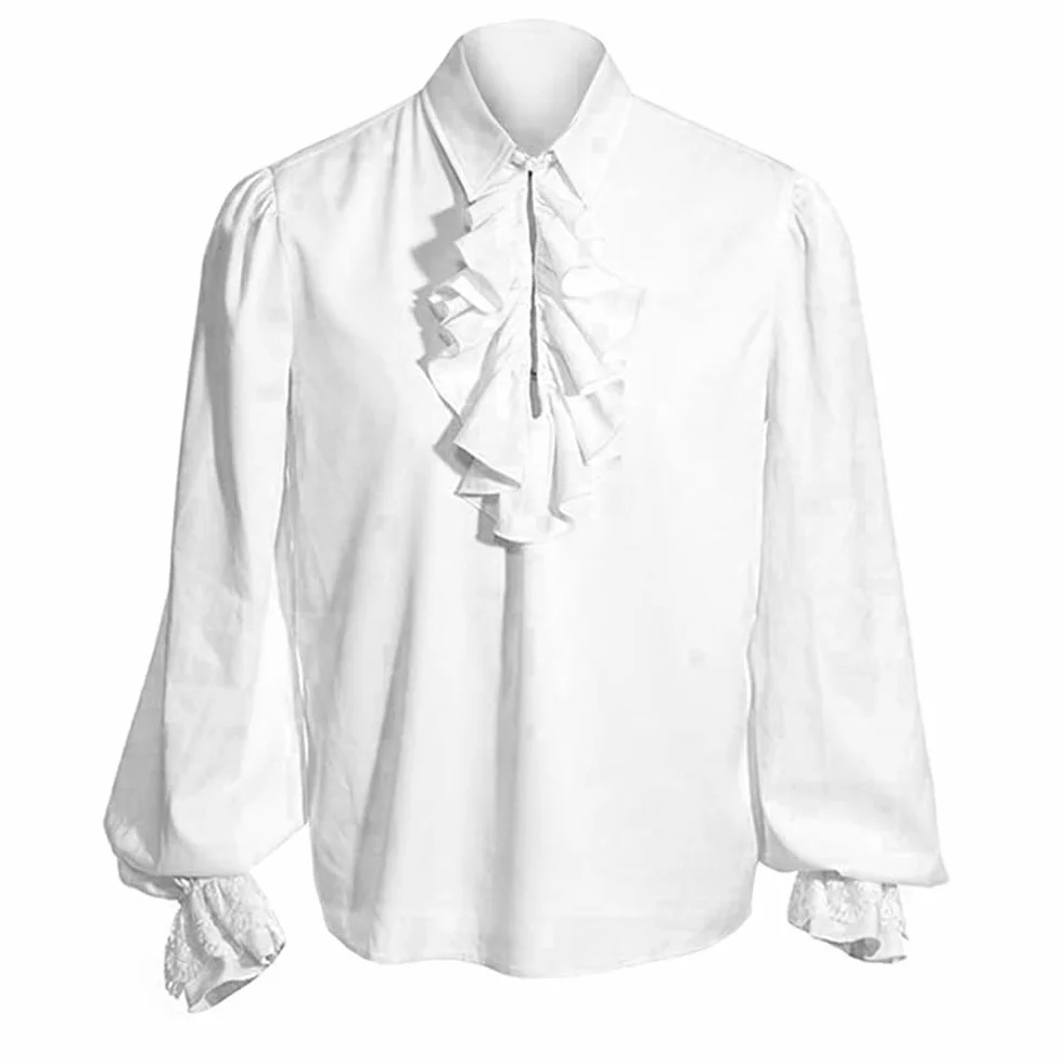 Feynman Męska średniowieczna koszula pirata, gotycka, steampunk, kostium wiktoriańskiego renesansu, Halloween, karnawał, wikingów, Cosplay, top, koszula z falbankami, biała, M