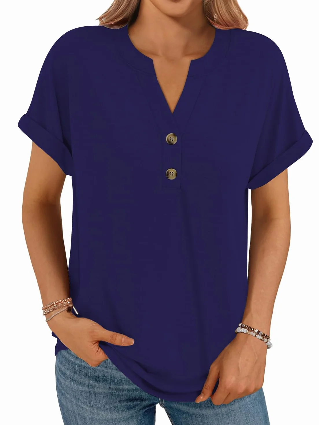 Cuptacc T-shirty Damska V-Wycięcie Oversize Koszula Damska Lato Krótki Rękaw Elegancka Z Listwa Guzikowa Top
