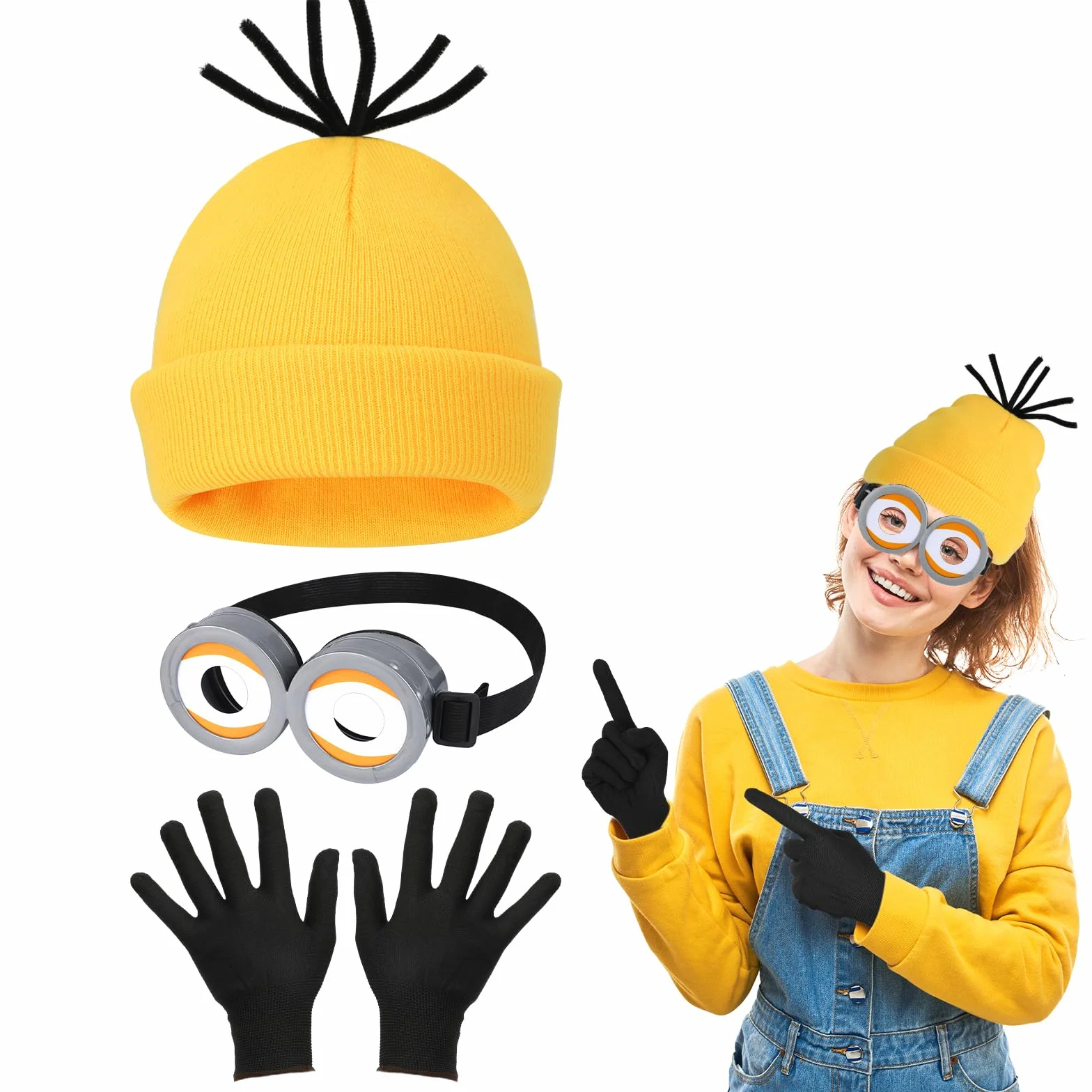 3 sztuki kostiumów Halloween dla dorosłych i dzieci, okulary steampunk z żółtą czapką i czarnymi rękawiczkami, zestaw do kostiumów na Halloween, kostium filmowy dla dorosłych na Halloween, karnawał