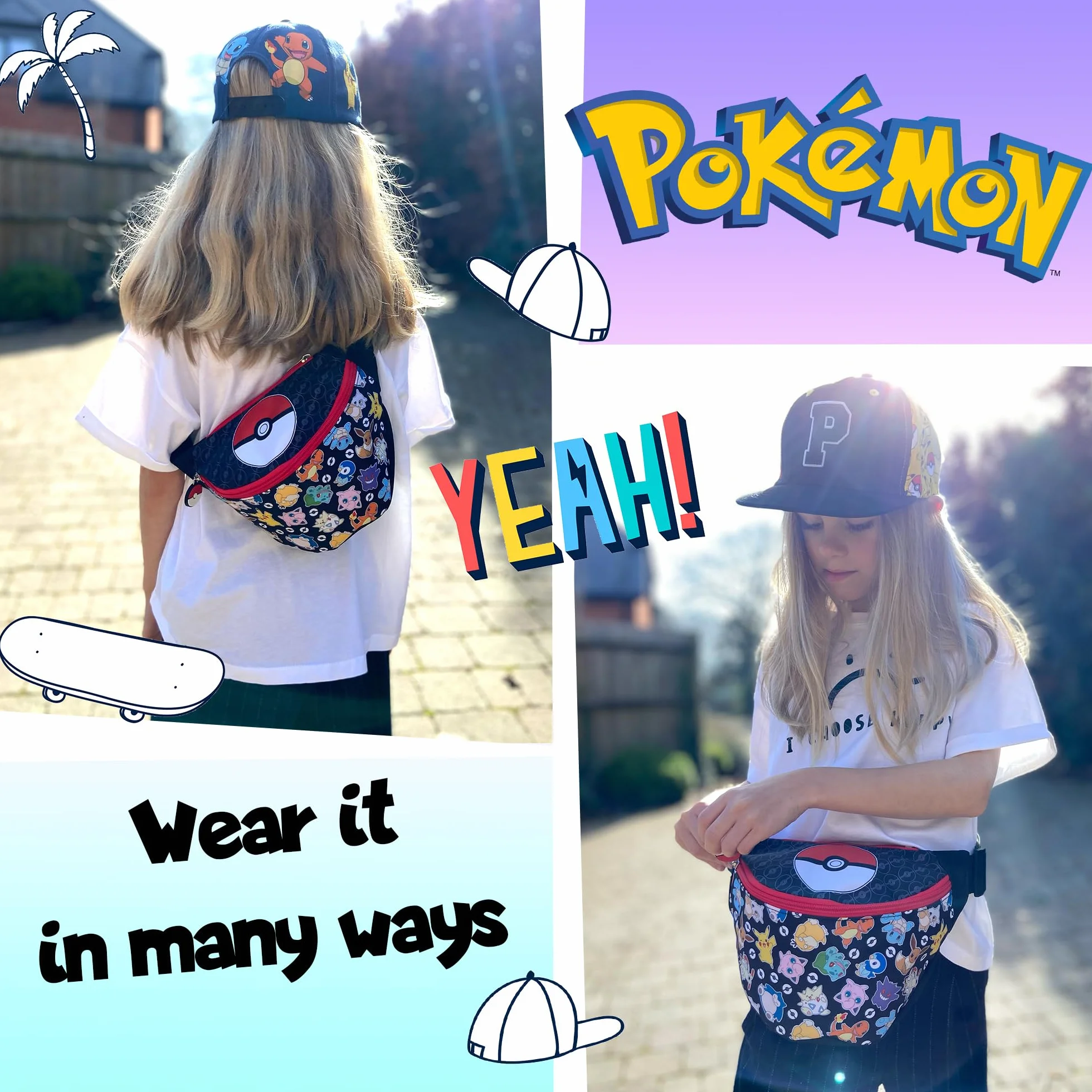 Pokémon Torba na biodra dla chłopców z regulowanym paskiem, lekka, zabawna torba na pas, torebka na podróże dla dzieci, torebka na ramię z regulowanym paskiem, torebka na biodra dla dzieci
