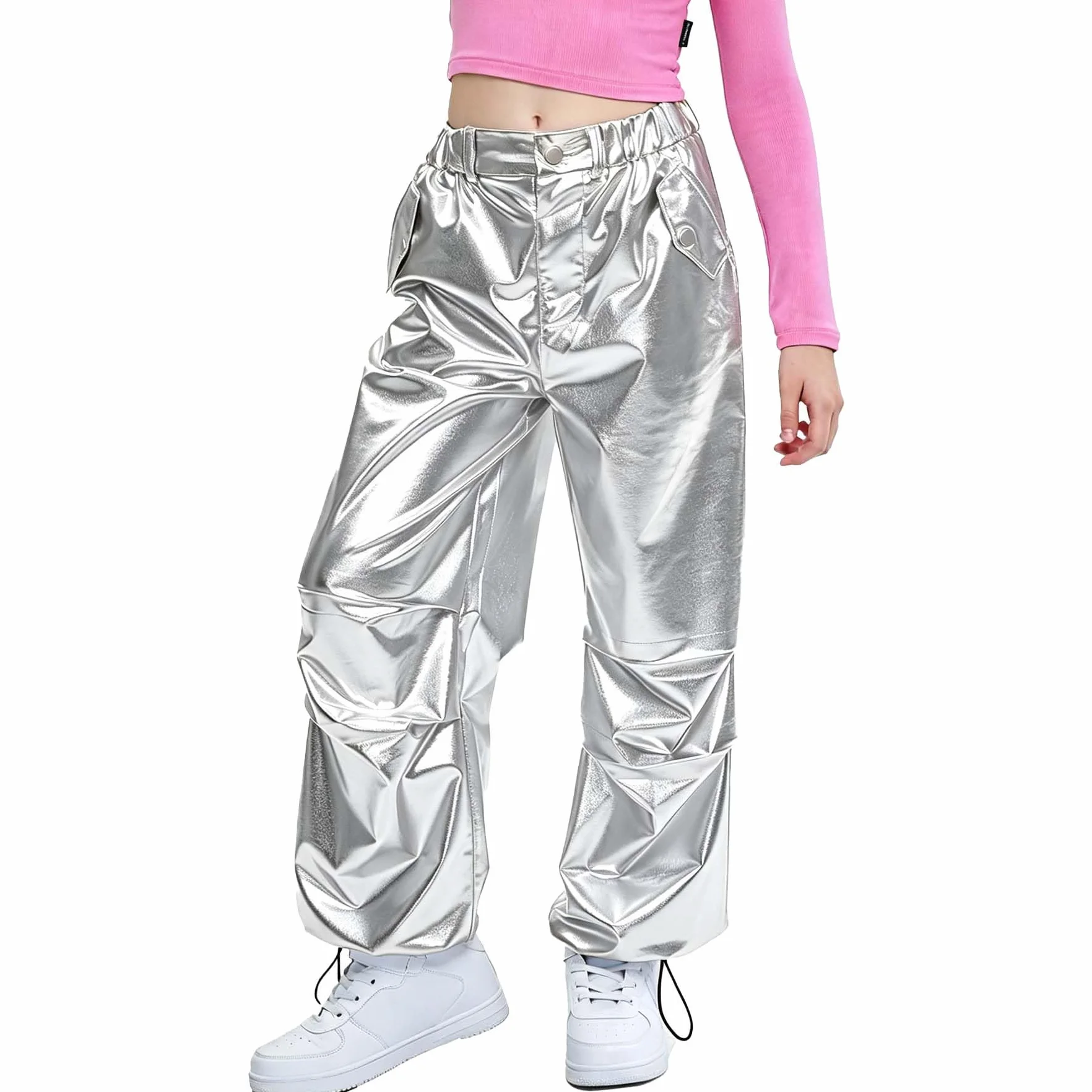 LOLANTA Dziecięce błyszczące metaliczne spodnie do tańca, retro, hip-hop, strój taneczny, luźny krój, bojówki, elastyczna talia, odzież uliczna dla dzieci w wieku 6-13 lat