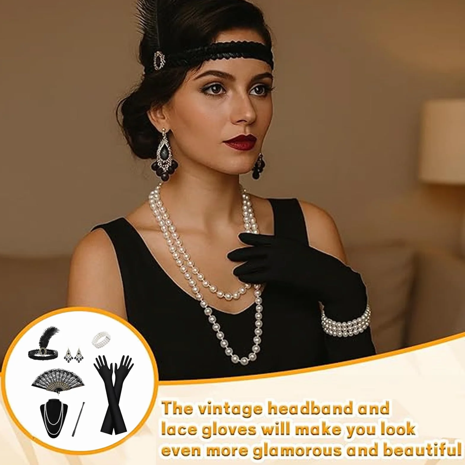 Akcesoria na rok 20, akcesoria Gatsby kostium damski, Charleston kobieta 1920 na maskaradę Halloween Boże Narodzenie karnawał