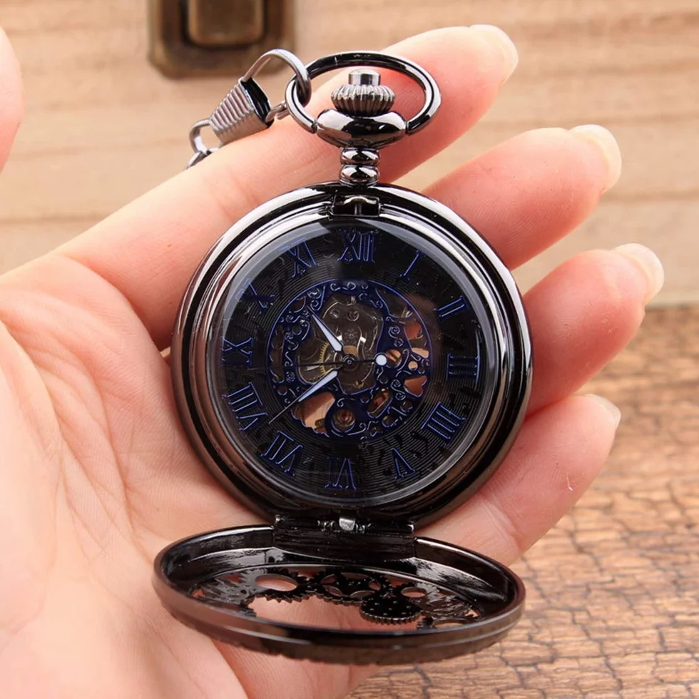 Avaner Posrebrzane starzejące się Steampunk Szkielet Roman Number Half Hunter Case Ręka Mechaniczny Wiatr Zegarek Kieszonkowy Naszyjnik, Model 7, Vintage