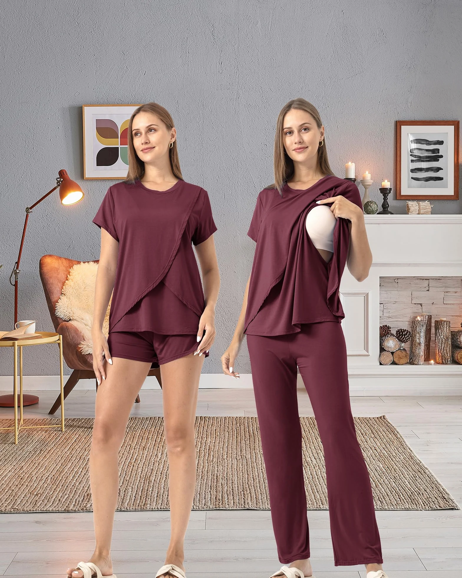 SUNNYBUY 3-częściowy zestaw piżamy do karmienia na czas poporodowy, luźna, miękka, ciążowa, bielizna nocna, odzież wypoczynkowa, warstwa odzieży