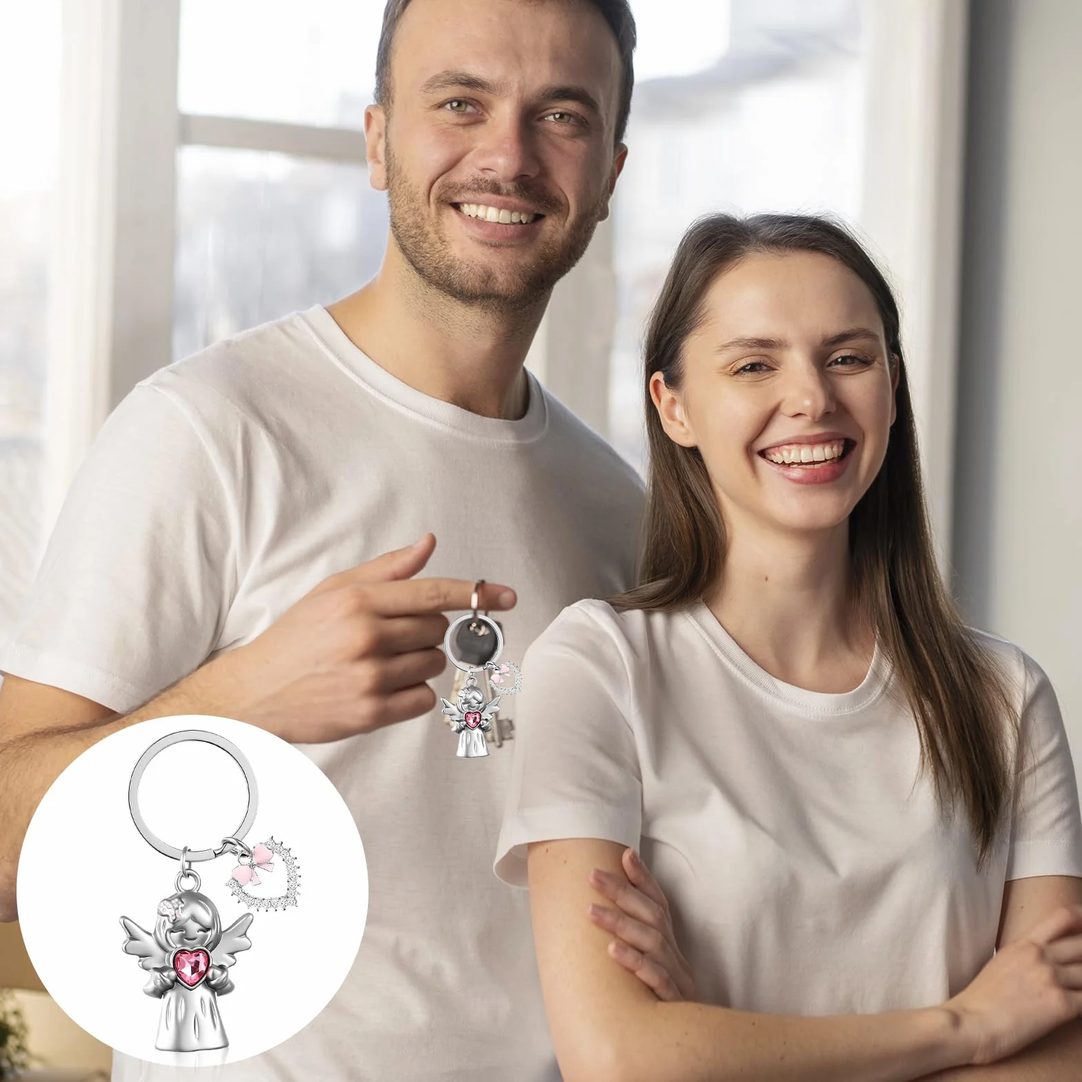 Nogeqi Breloczek do kluczy z aniołem stróżem, wisiorek anioł stróż, talisman szczęścia, prezent, anioł, breloczek do kluczy z sercem, dla kobiet, najlepszej przyjaciółki, matki, dziewczynki, na Boże