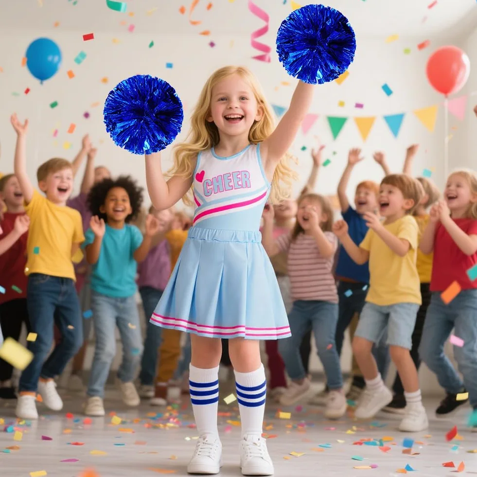 DiULi Kostium cheerleaderki dla dziewczynki, kostium cheerleaderki, klasyczny strój cheerleaderki, 5-częściowy zestaw z pomponami, bluzką, spódnicą, skarpetkami i opaską na głowę, do fantazyjnego