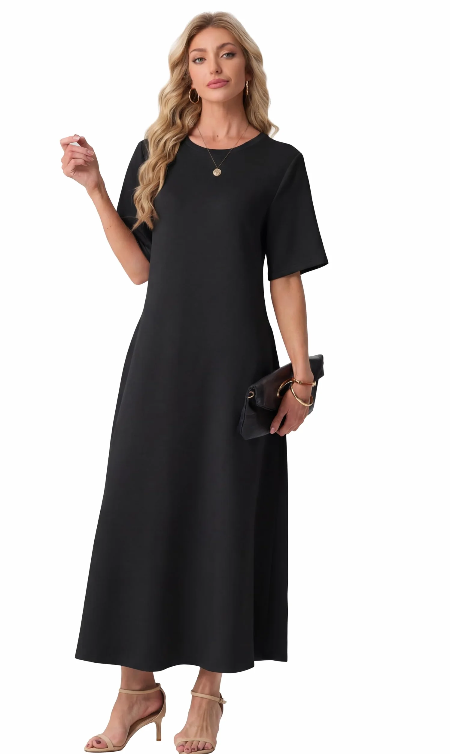 GRECERELLE Damskie letnie sukienki UK sukienka maxi z krótkim rękawem z kieszeniami damskie eleganckie sukienki świąteczne na co dzień dla kobiet oddychająca sukienka przeciwsłoneczna