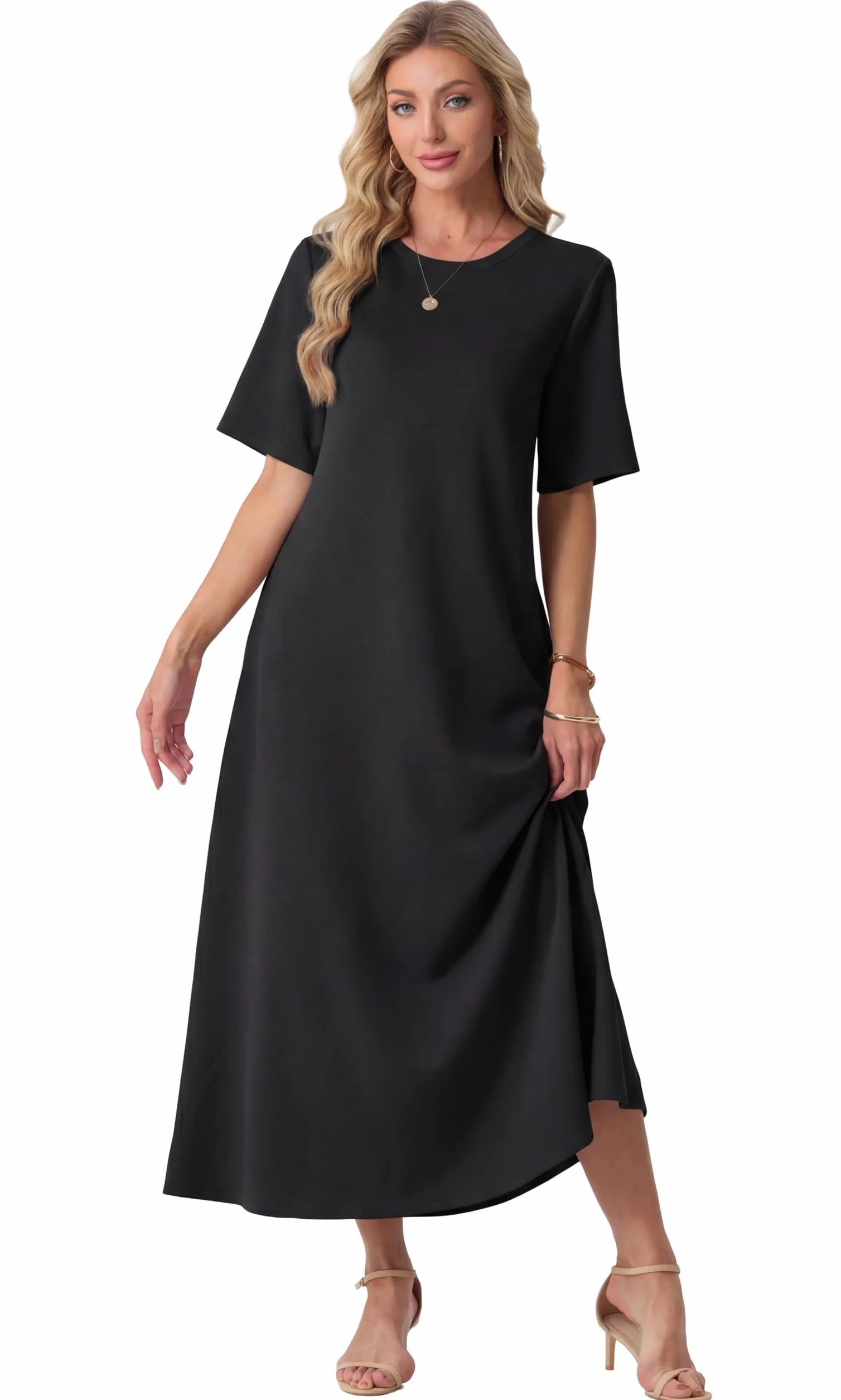 GRECERELLE Damskie letnie sukienki UK sukienka maxi z krótkim rękawem z kieszeniami damskie eleganckie sukienki świąteczne na co dzień dla kobiet oddychająca sukienka przeciwsłoneczna