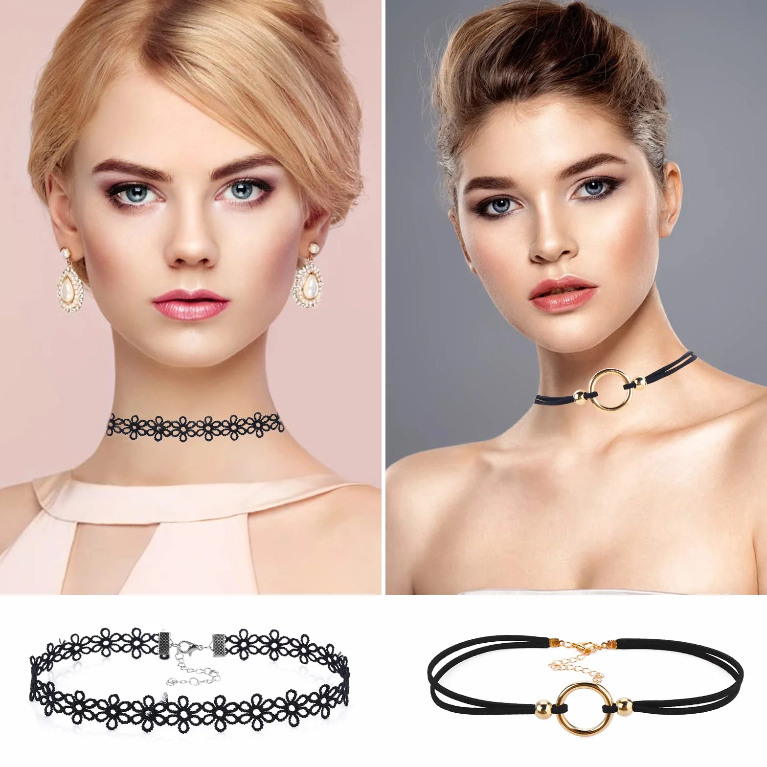 ASTER Zestaw 15 czarnych naszyjników typu choker, dla kobiet, dziewcząt, gotycki kołnierz, koronka, Halloween, Boże Narodzenie