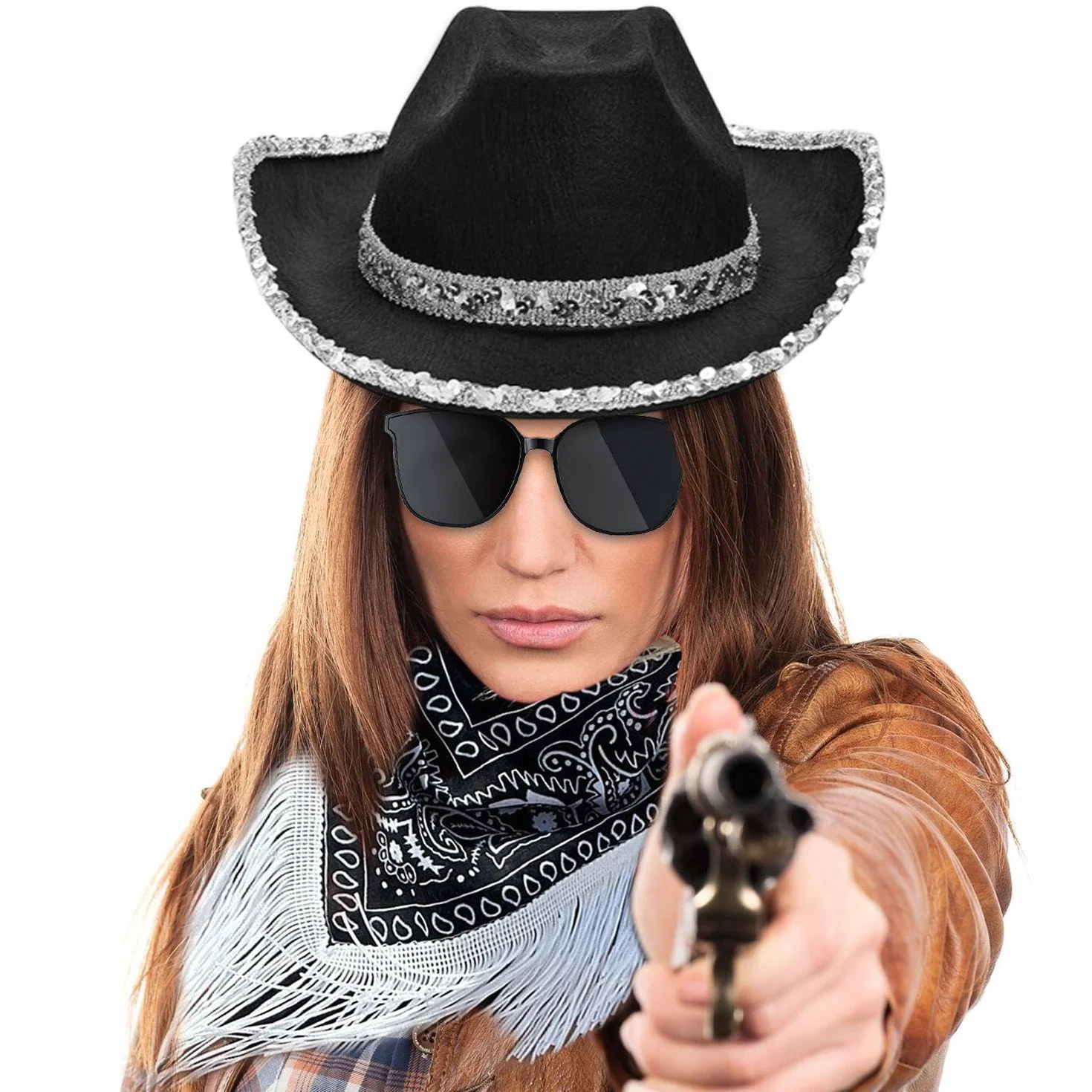 1 x czarny kowbojski kapelusz, 1 x chusteczka z frędzlami i 1 okulary przeciwsłoneczne, akcesoria do Cosplay, akcesoria do mody retro, akcesoria damskie
