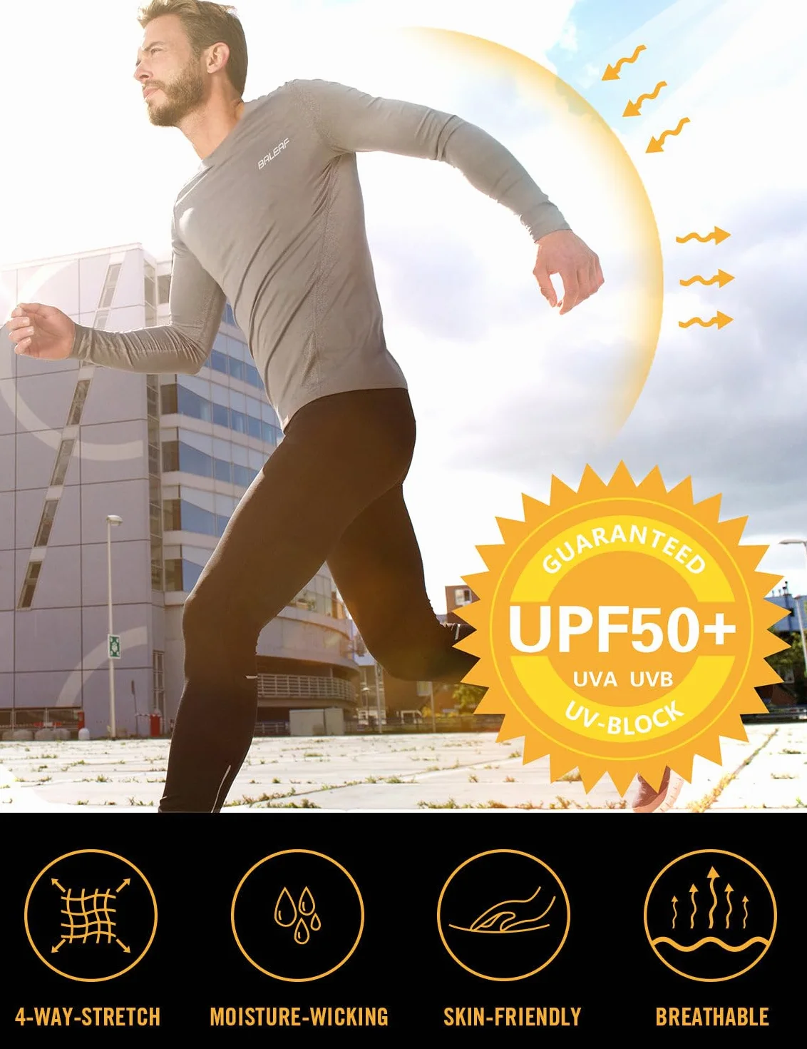 baleaf Męska koszulka UV UV UPF 50+ Rashguard ochrona przed słońcem koszulka z długim rękawem, ciemnoszary, XXL