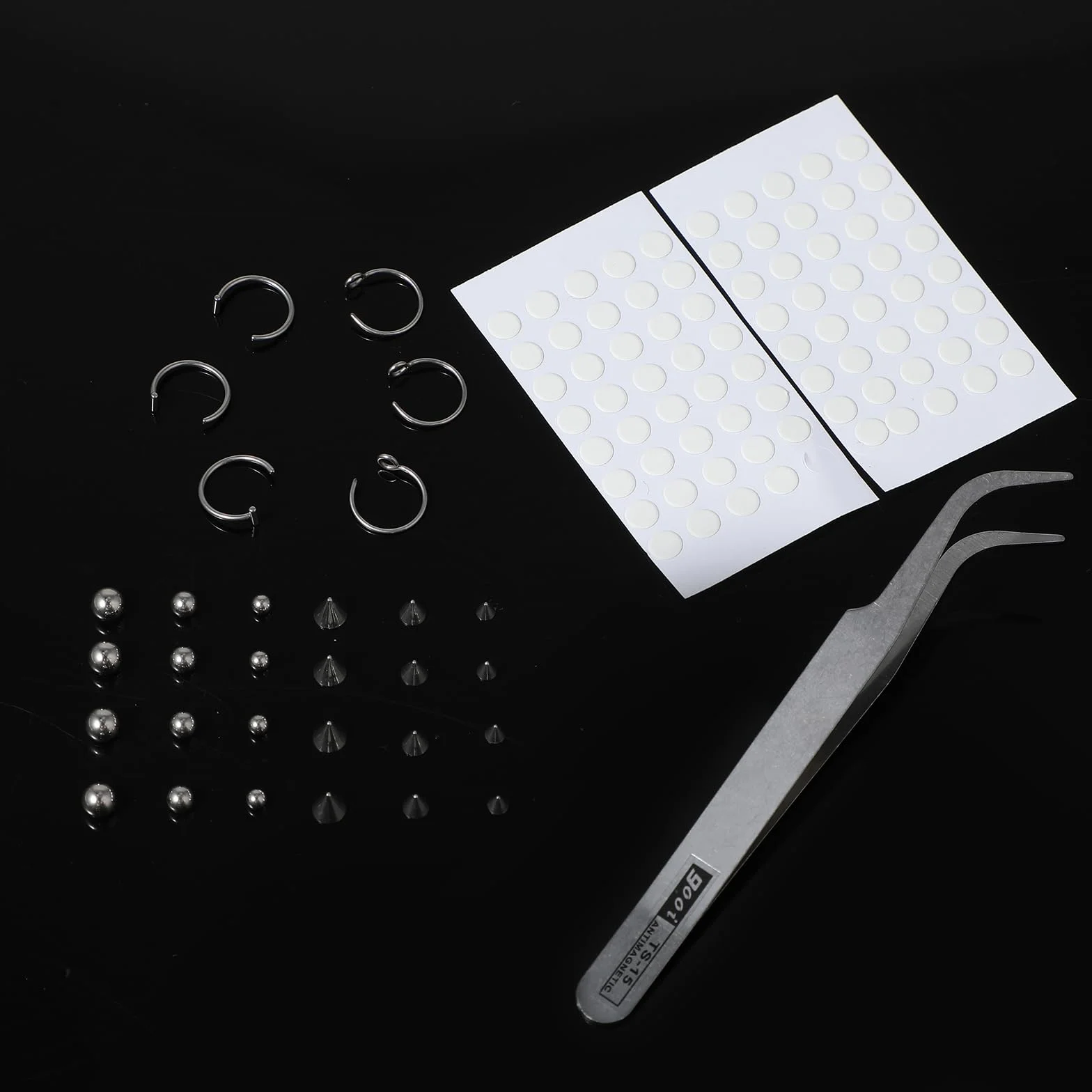 Yolev 54 sztuki fałszywych kulek do piercingu nosa, ust, kolczyków 3 mm, 4 mm, 5 mm, kolor stalowy, fałszywy piercing do nosa, sztuczne brwi, fałszywy septum piercing do ucha z naklejką, fałszywe