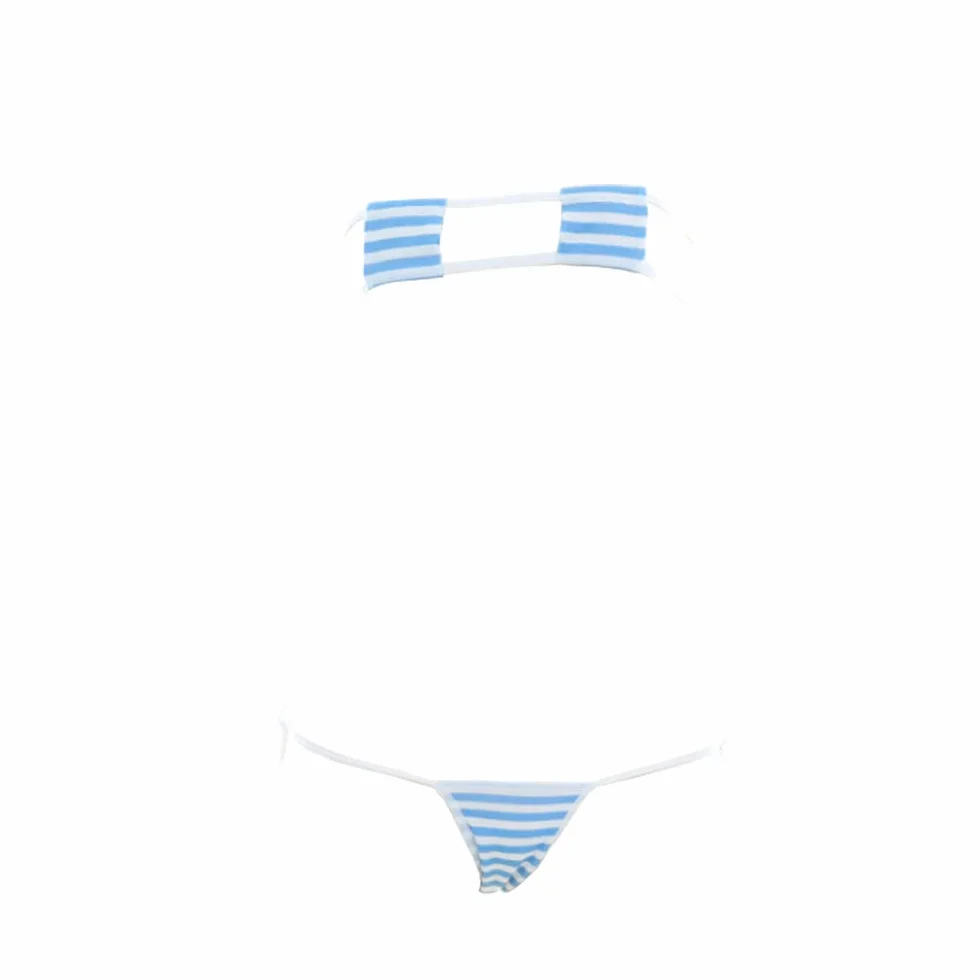 SINMIUANIME Damska bielizna anime w japońskim stylu seksowna niebiesko-różowe paski mikro bikini cosplay biustonosz i majtki zestaw, One Size