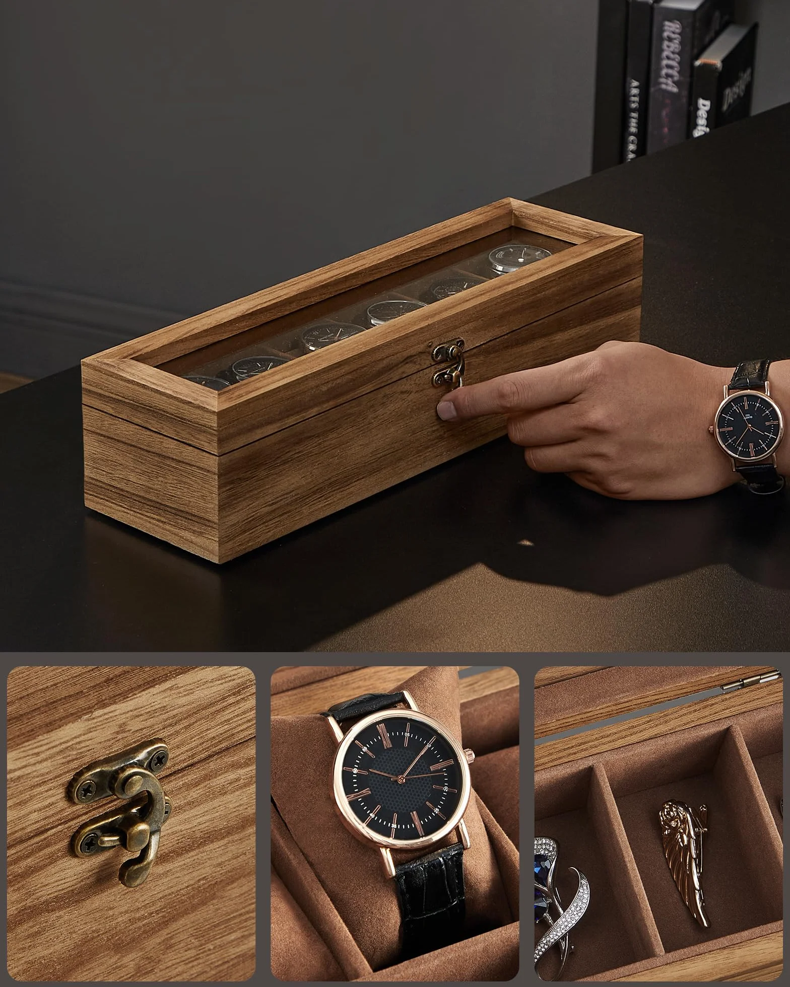 SONGMICS JOW006K01 Pudełko na zegarki z 6 przegródkami, etui z litego drewna, pudełko na zegarki z wyjmowanymi poduszkami, pomysł na prezent, rustykalny orzech