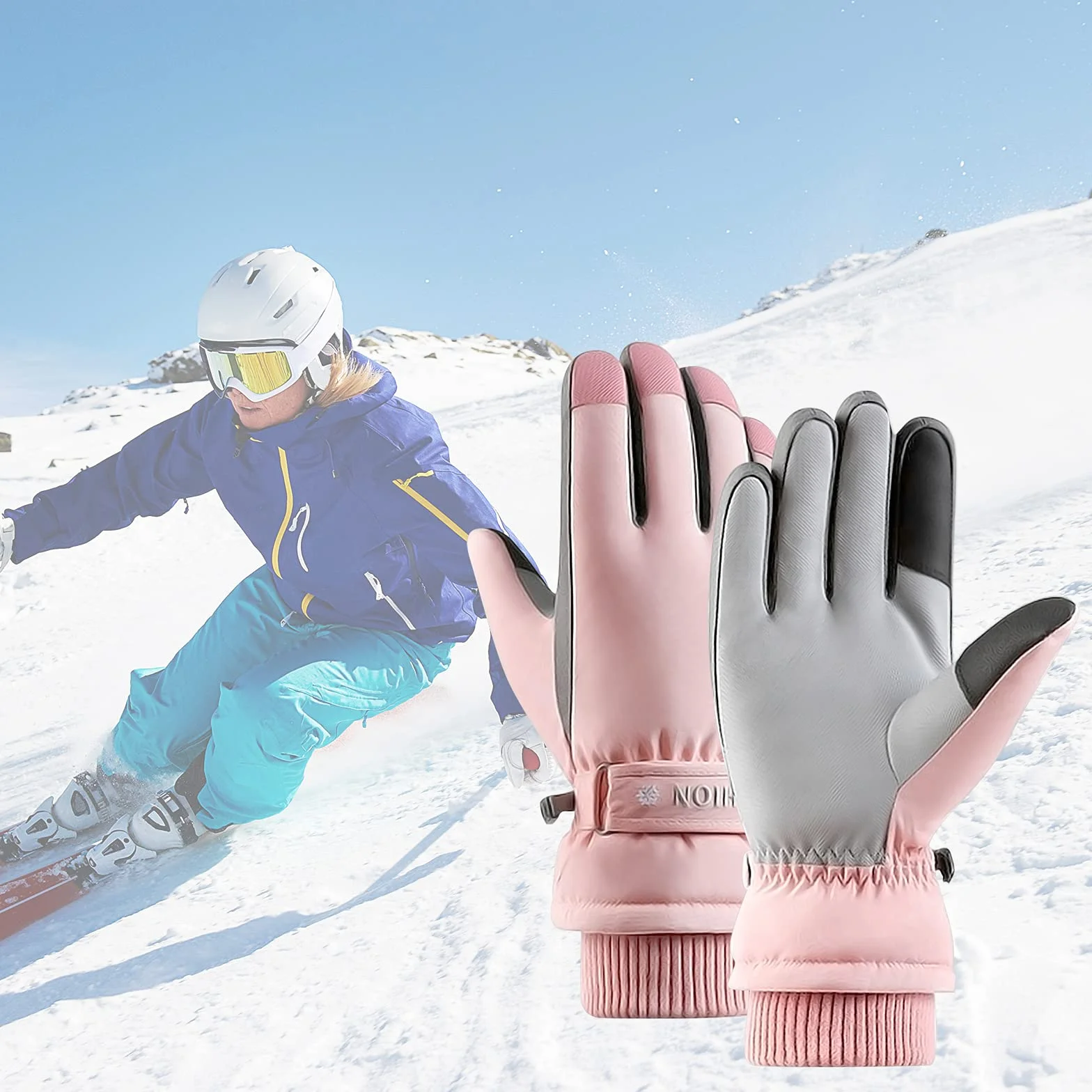 Andiker Zimowe damskie rękawiczki narciarskie, rękawiczki zimowe, ciepłe, wodoszczelne rękawiczki z ekranem dotykowym, antypoślizgowe rękawice snowboardowe do jazdy na nartach, biegania i jazdy na rowerze, Rosa, jeden rozmiar