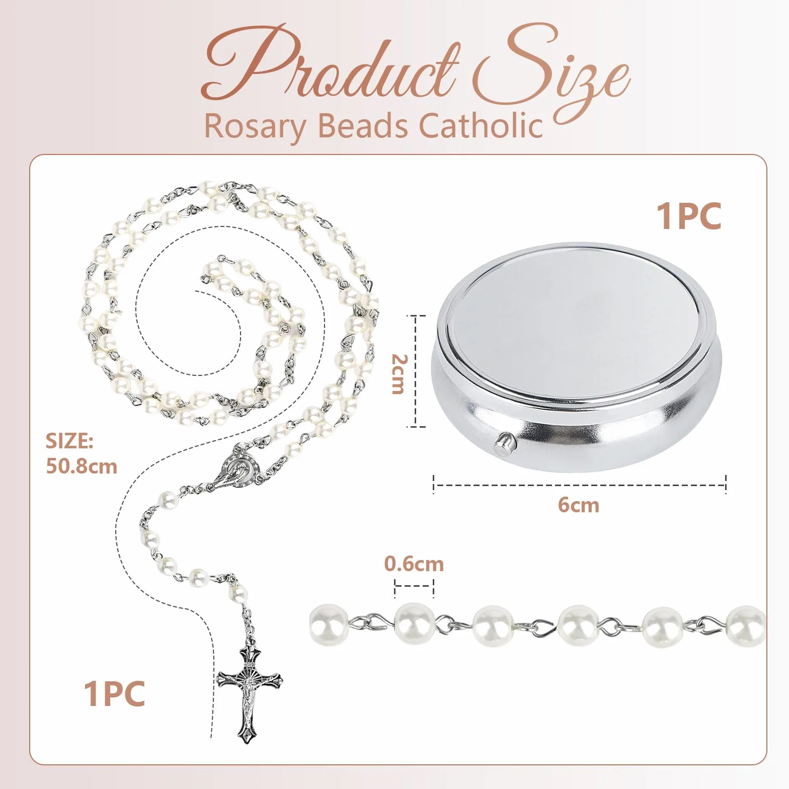 GlamRays Rosaria Beads Catholic - prezenty bierzmujące dla nastolatek, srebrne metalowe pudełko upominkowe w prostym stylu, biały różaniec ze sztucznej perły, prezenty dla kobiet, Large