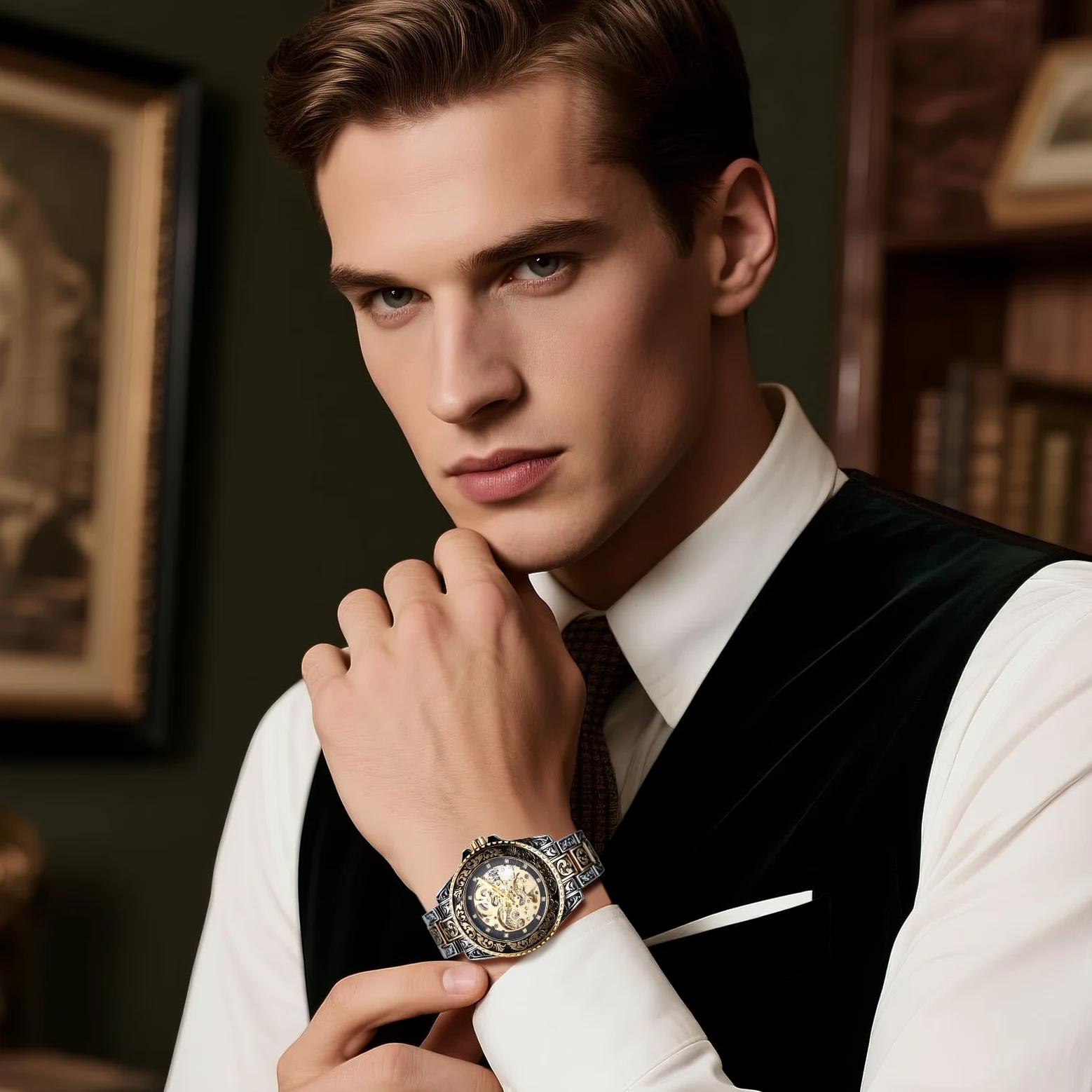 JewelryWe Zegarek męski w stylu vintage, szkielet, zegarek automatyczny: antyczny złoty, 36 godzin rezerwy biegów, automatyczny, mechaniczny zegarek na rękę, stal nierdzewna, automatyczny zegarek ze
