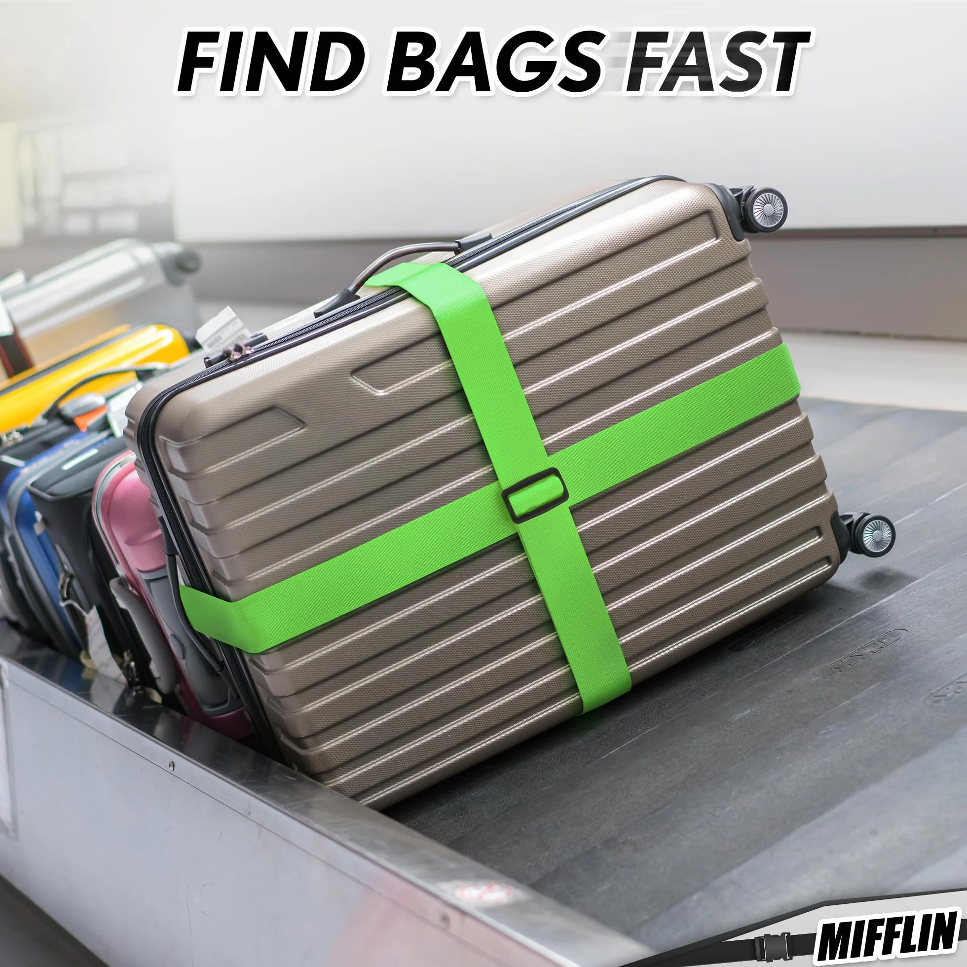 Luggage Straps - Mixed Color, 2m Long, 5cm Wide, 4 Pack - Adjustable Nylon Belt for Travel Suitcases & Bags - by Mifflin