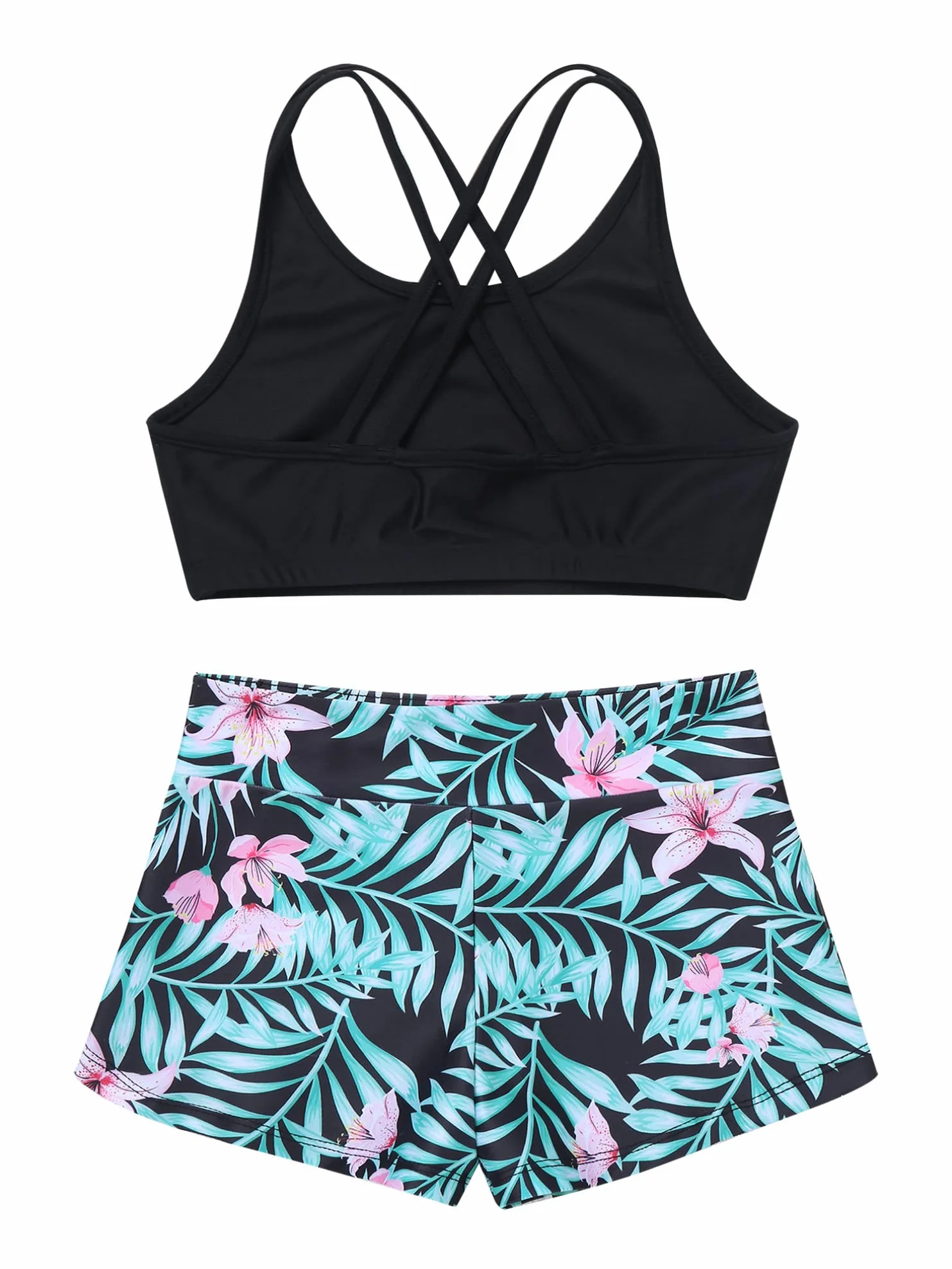 Agoky Dziewczęce sportowe tankini zestaw bikini dwuczęściowy strój kąpielowy z gorsetem + krótkie spodenki, wzór panterki, strój gimnastyczny, gimnastyka, joga, taniec, odzież rozm. 116-164