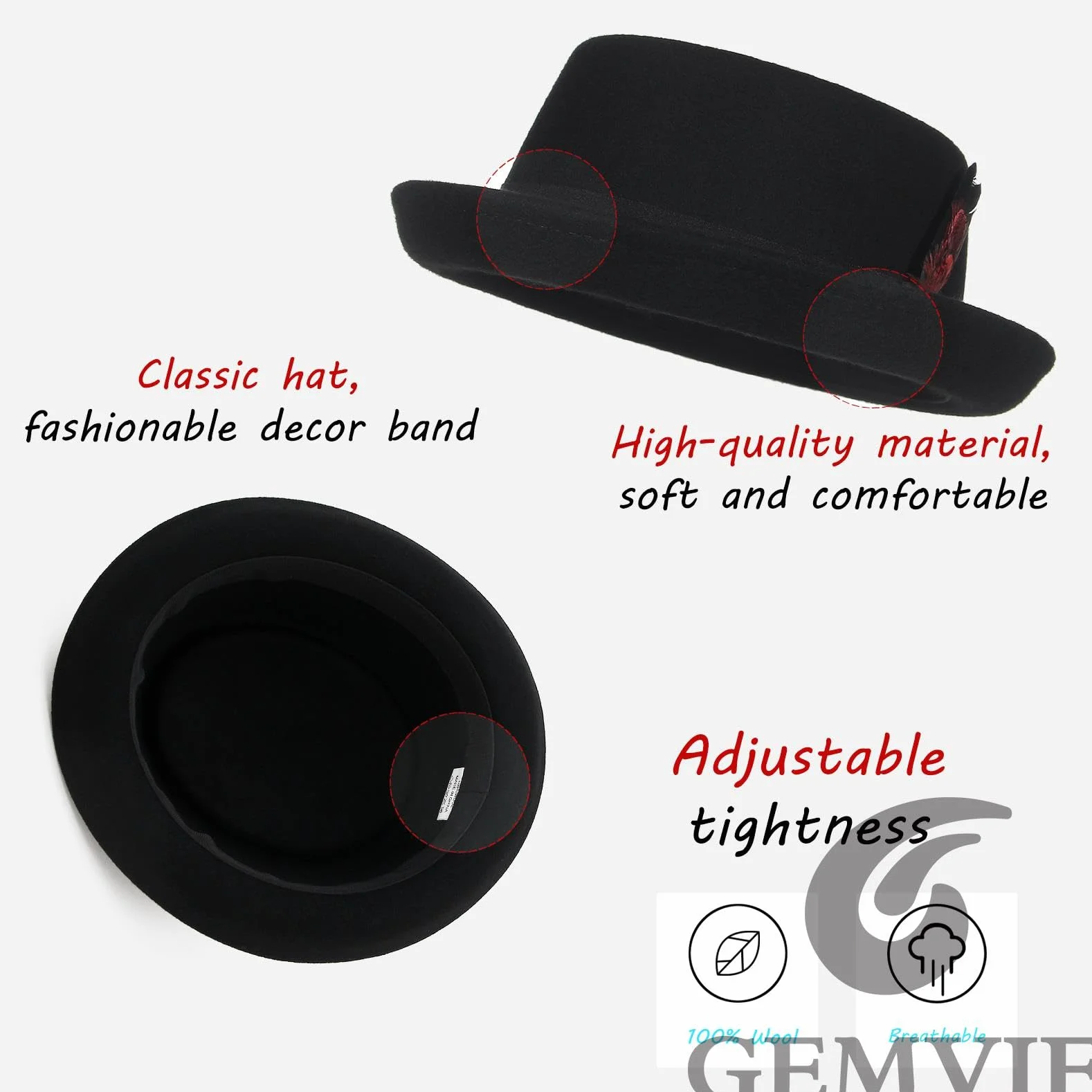 GEMVIE Klasyczny Unisexowy Kapelusz Pork Pie - 100% Wełna, Felt Fedora, Stylowy Trilby, Tradycyjny Fason
